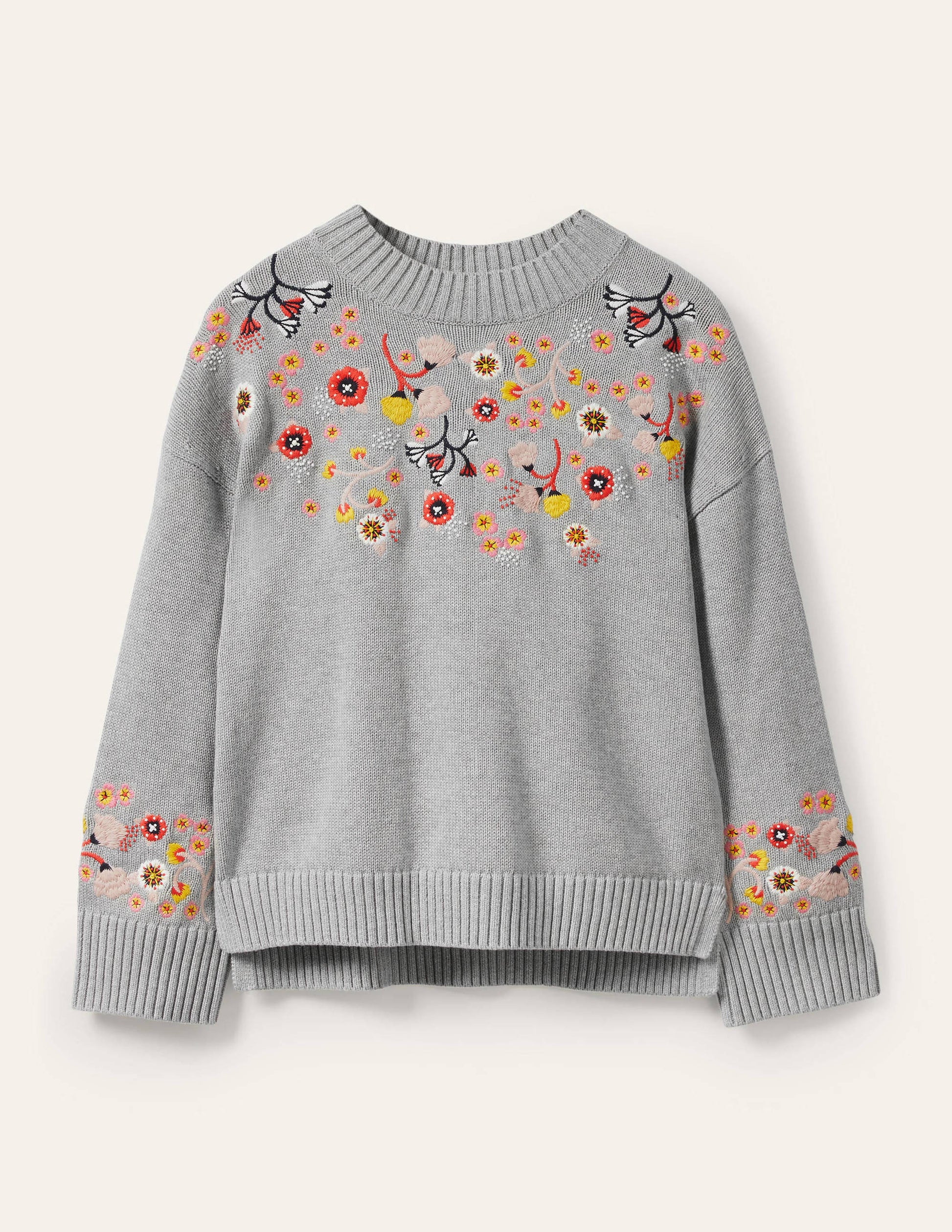Embroidered Relaxed Sweater-Silver Melange-5