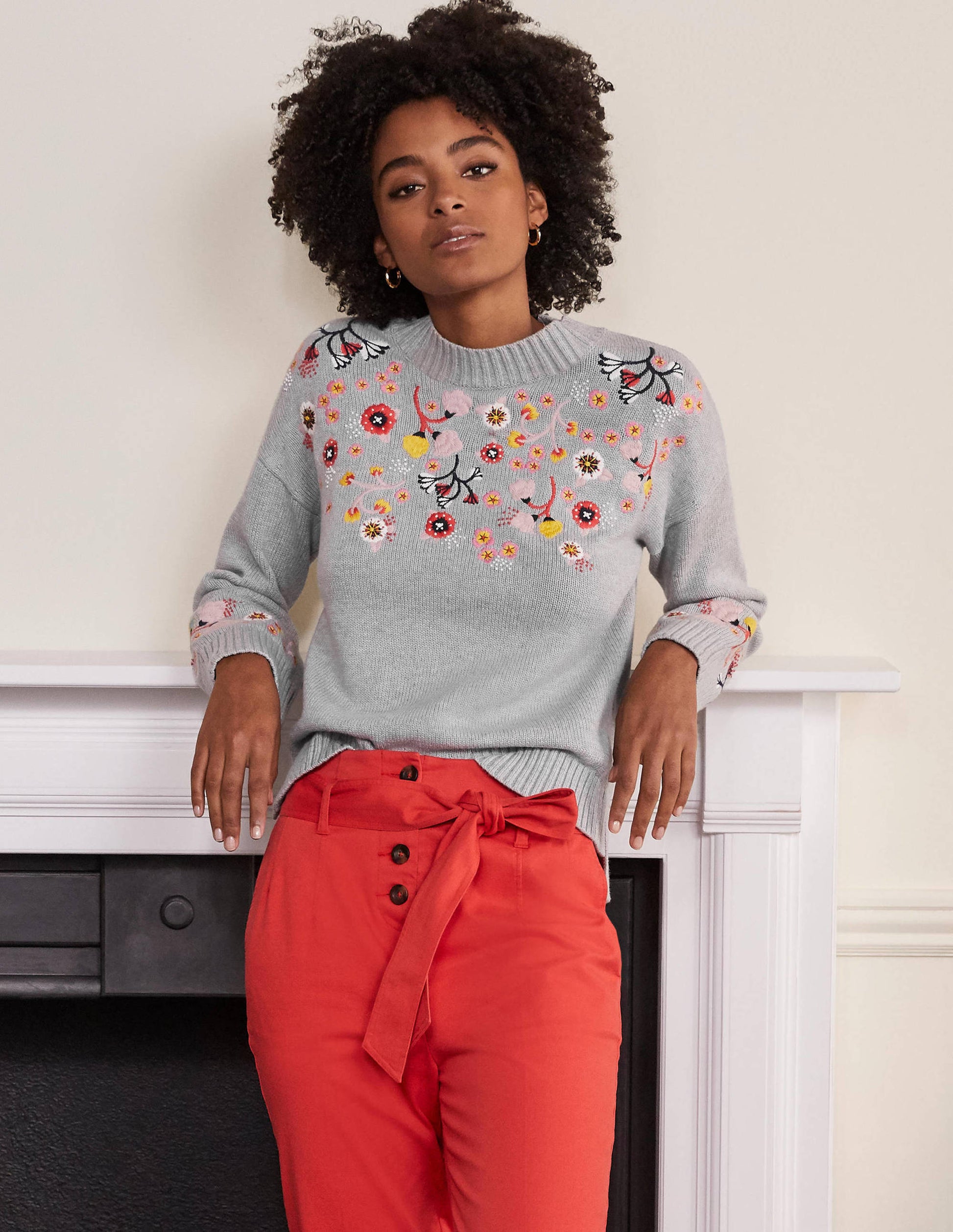 Embroidered Relaxed Sweater-Silver Melange-1