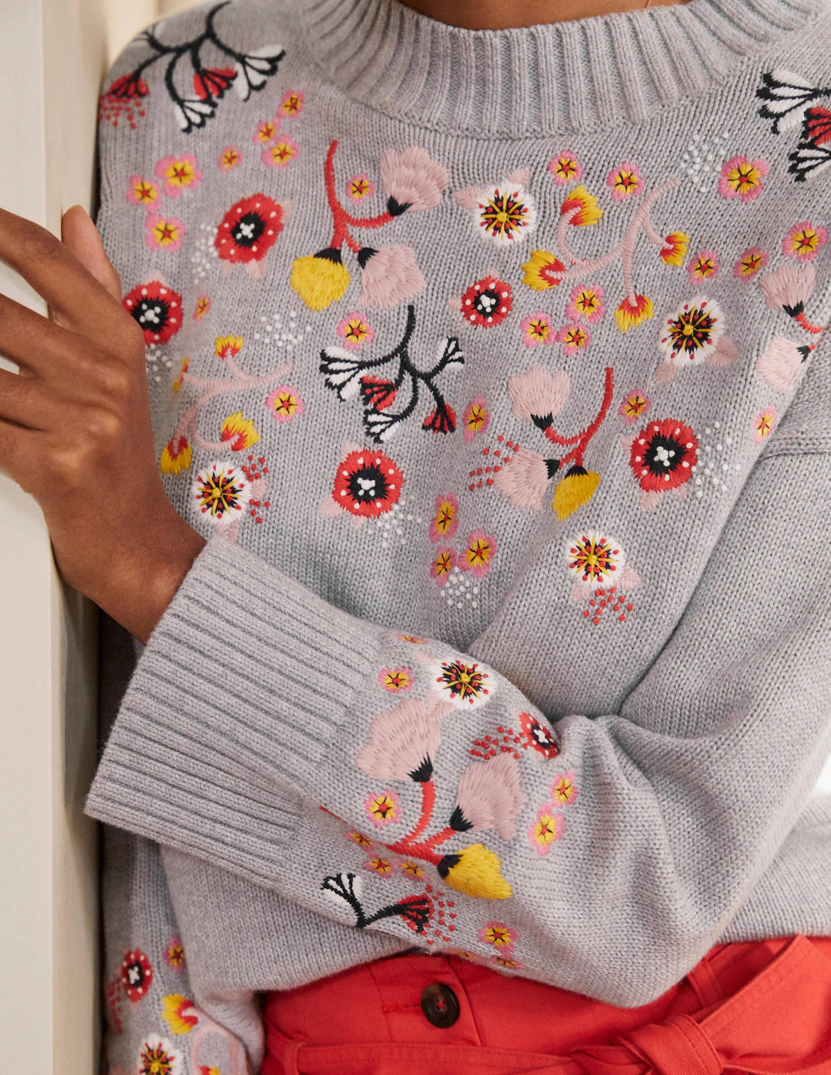 Embroidered Relaxed Sweater-Silver Melange - Image 2
