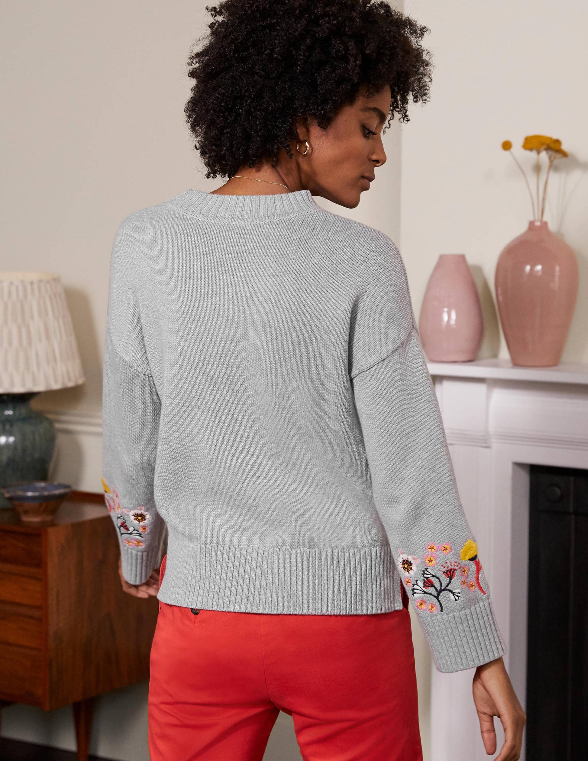 Embroidered Relaxed Sweater-Silver Melange-3