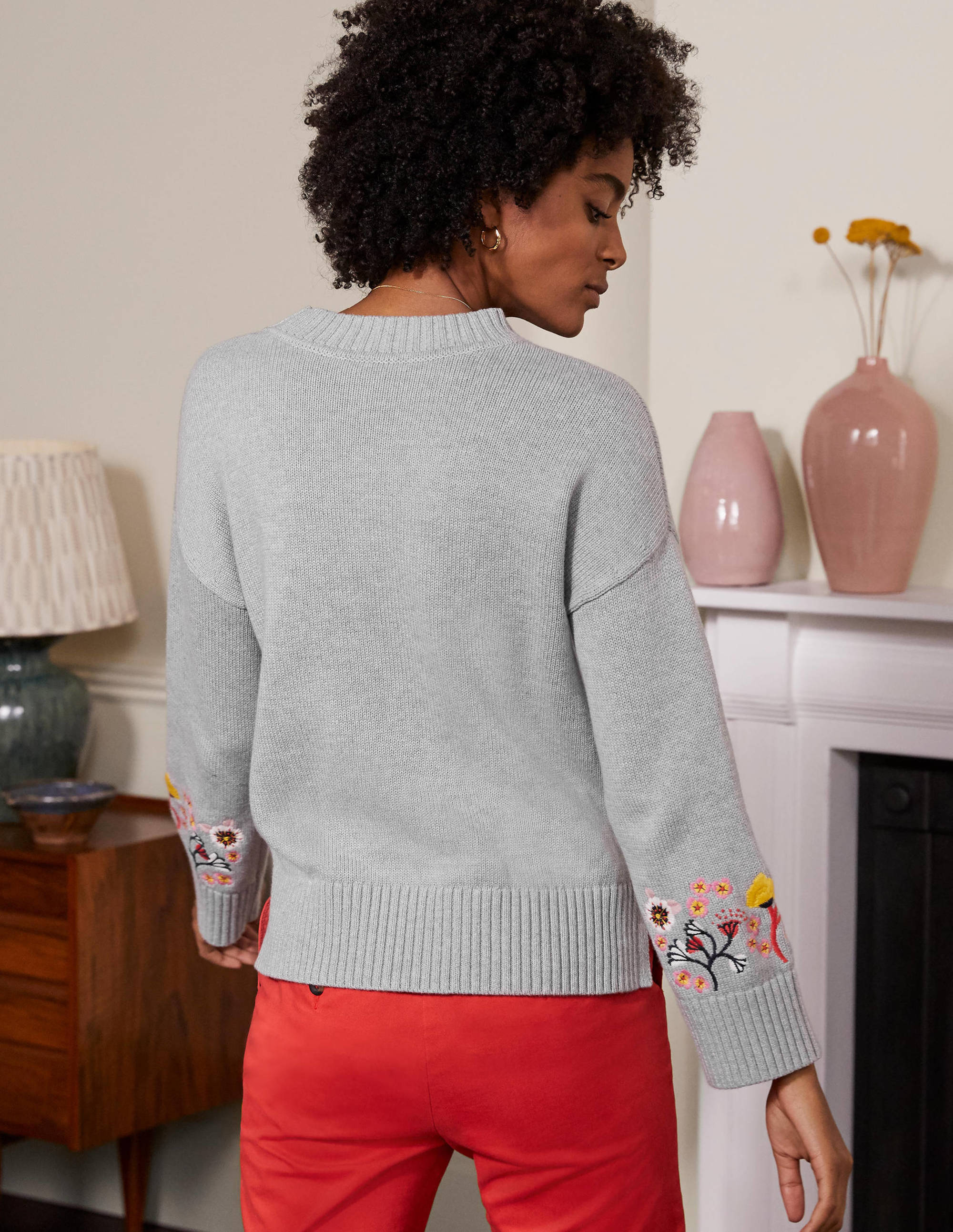 Embroidered Relaxed Sweater-Silver Melange - Image 3