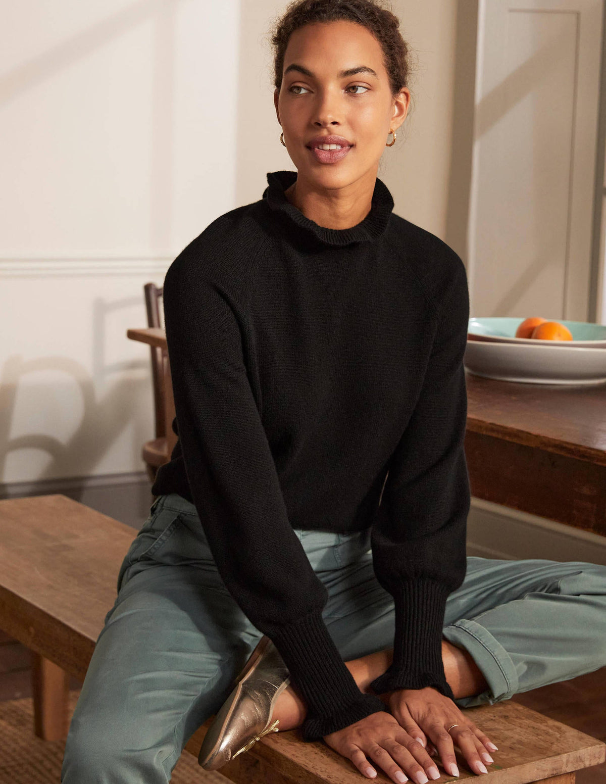 Cashmere Frill Neck Sweater-Black-1