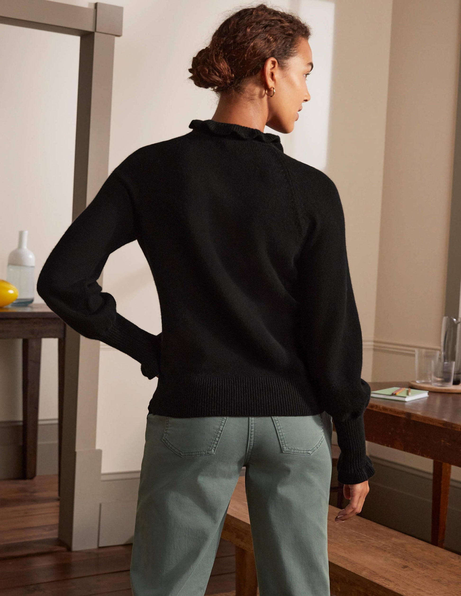 Cashmere Frill Neck Sweater-Black-3