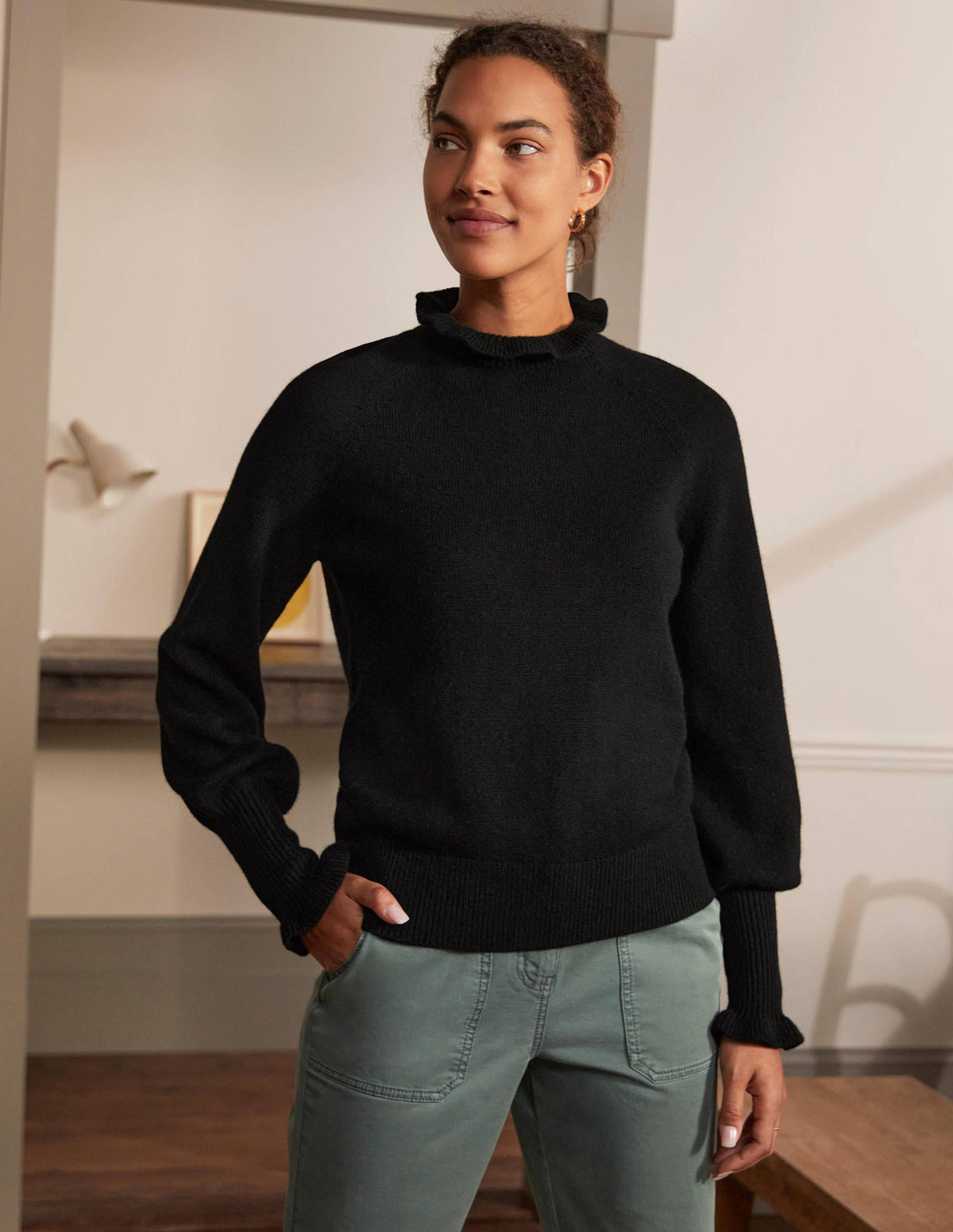 Cashmere Frill Neck Sweater-Black - Image 4