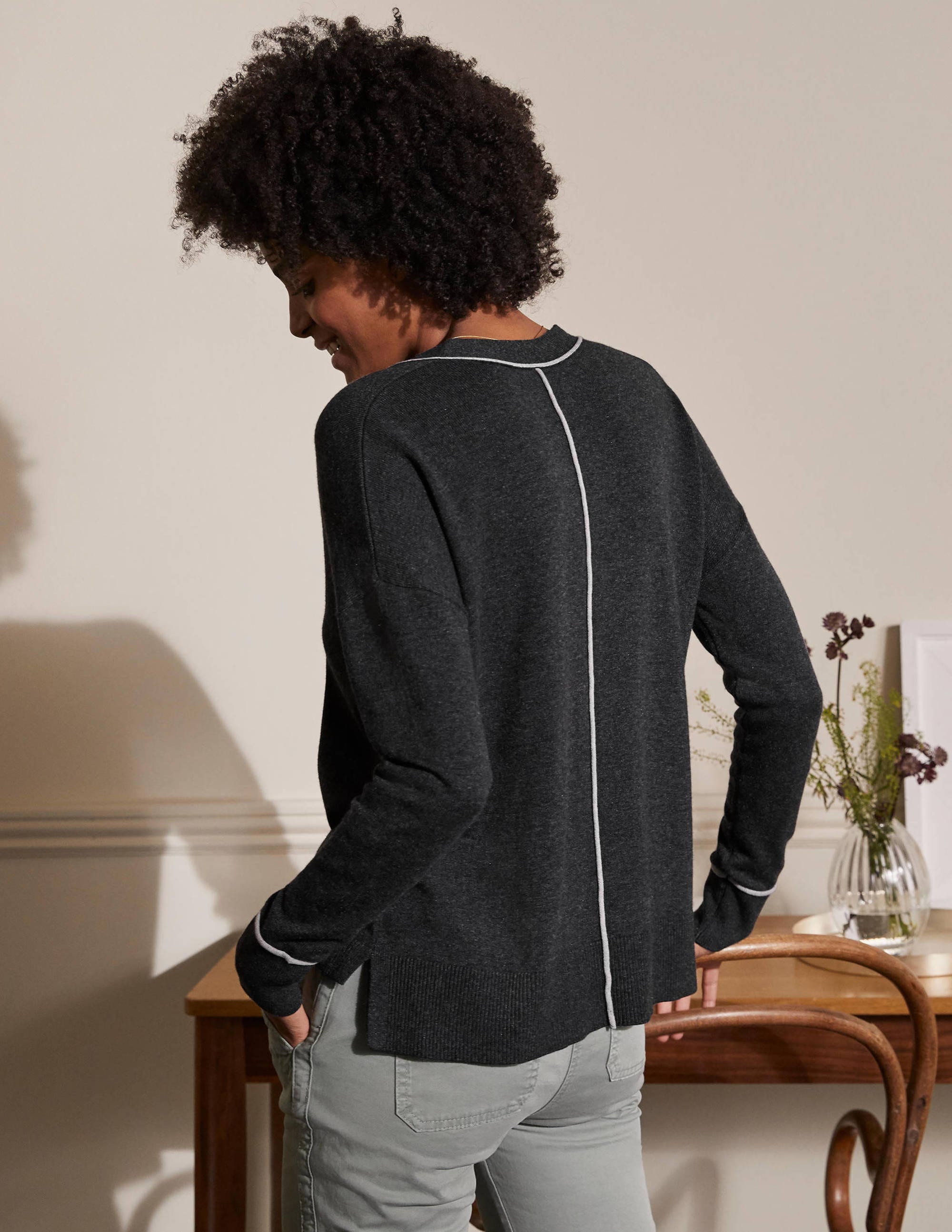 V-neck Relaxed Cardigan-Charcoal Melange - Image 3