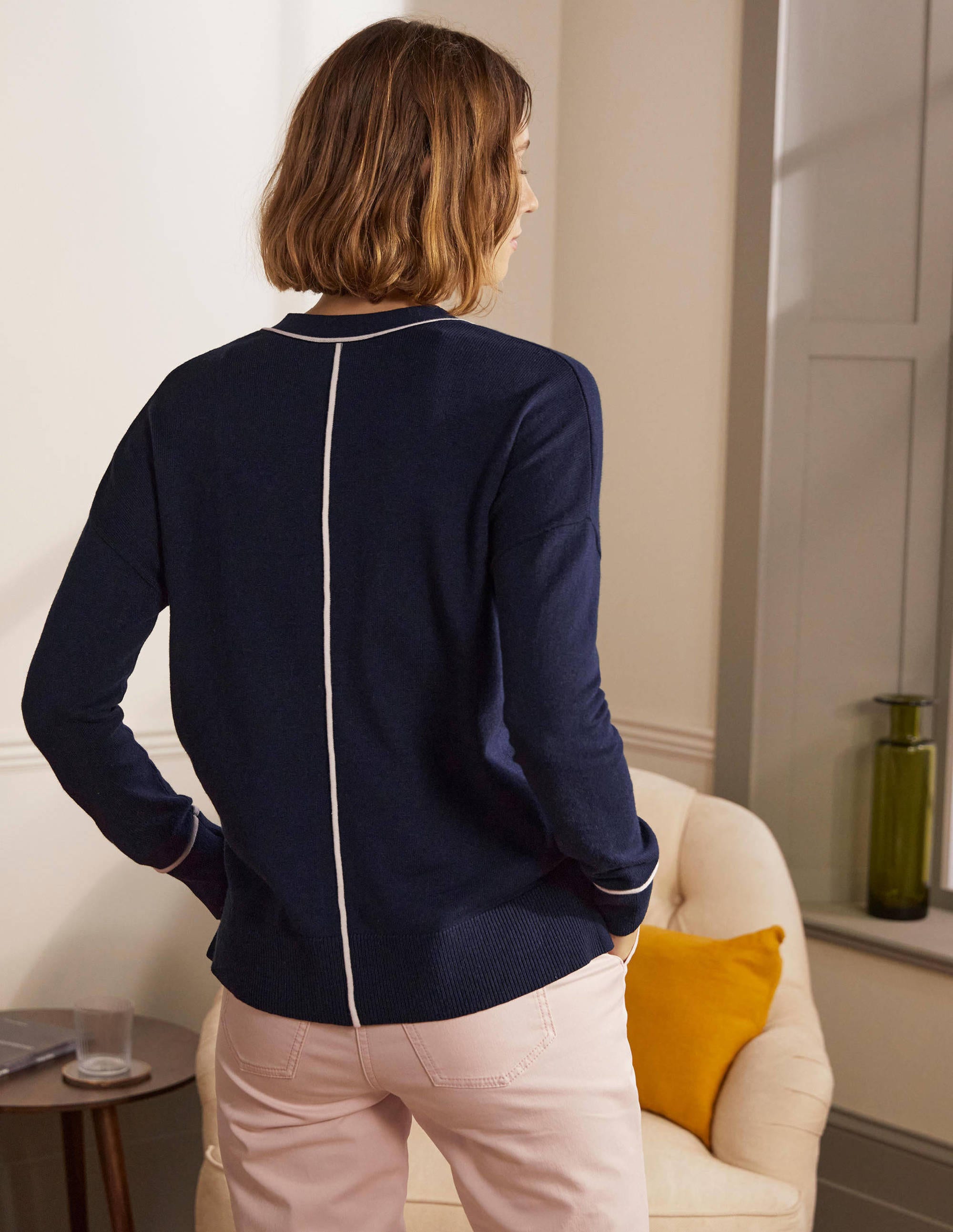 V-neck Relaxed Cardigan-Navy - Image 3