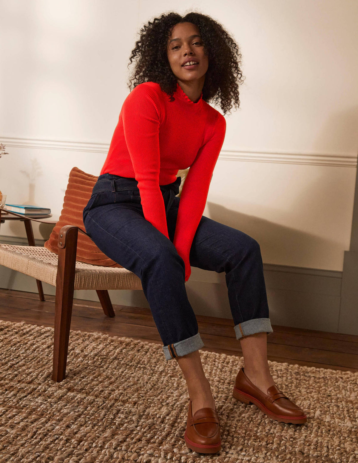 Scallop High Neck Sweater-Cherry Red - Image 1