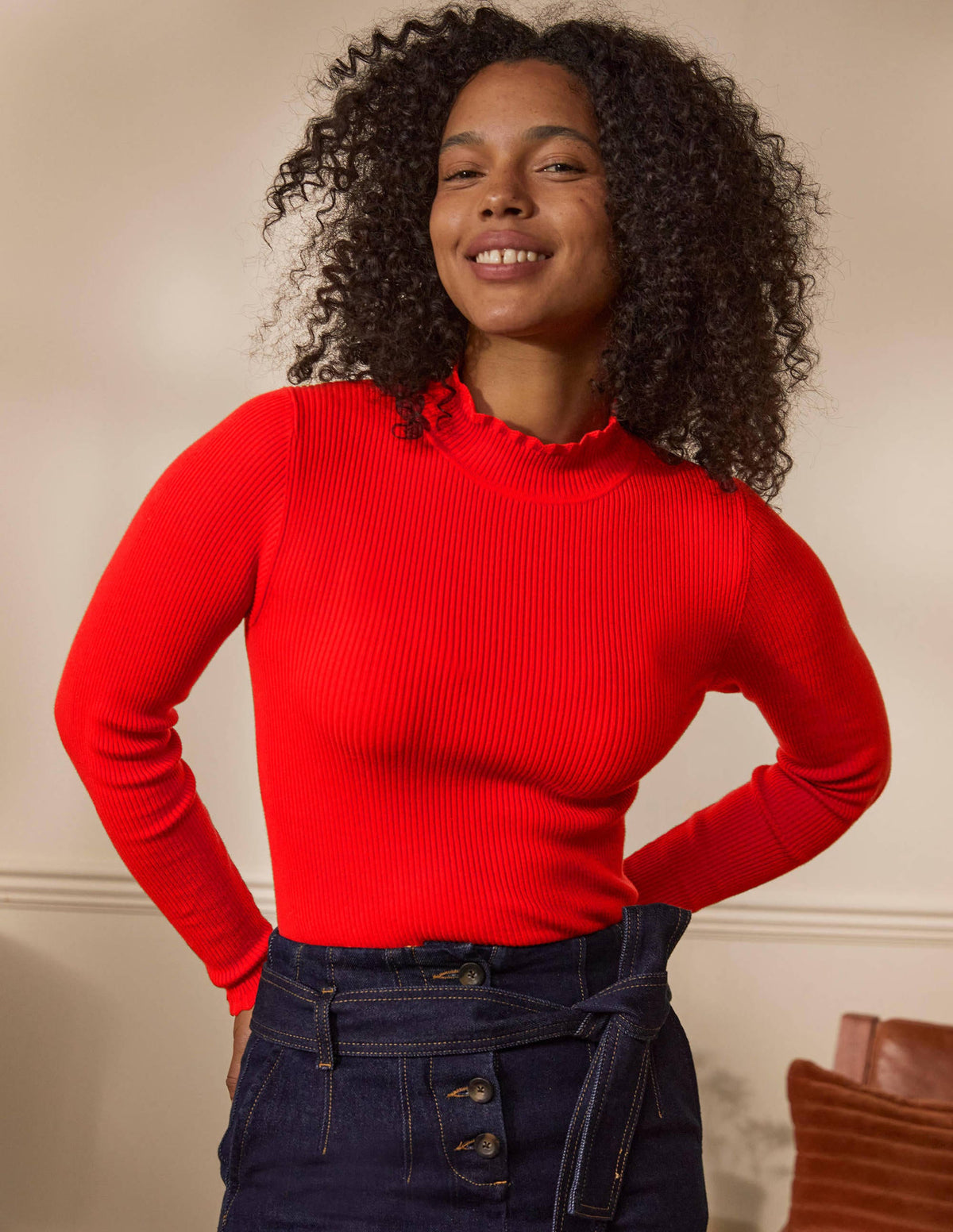 Scallop High Neck Sweater-Cherry Red - Image 4