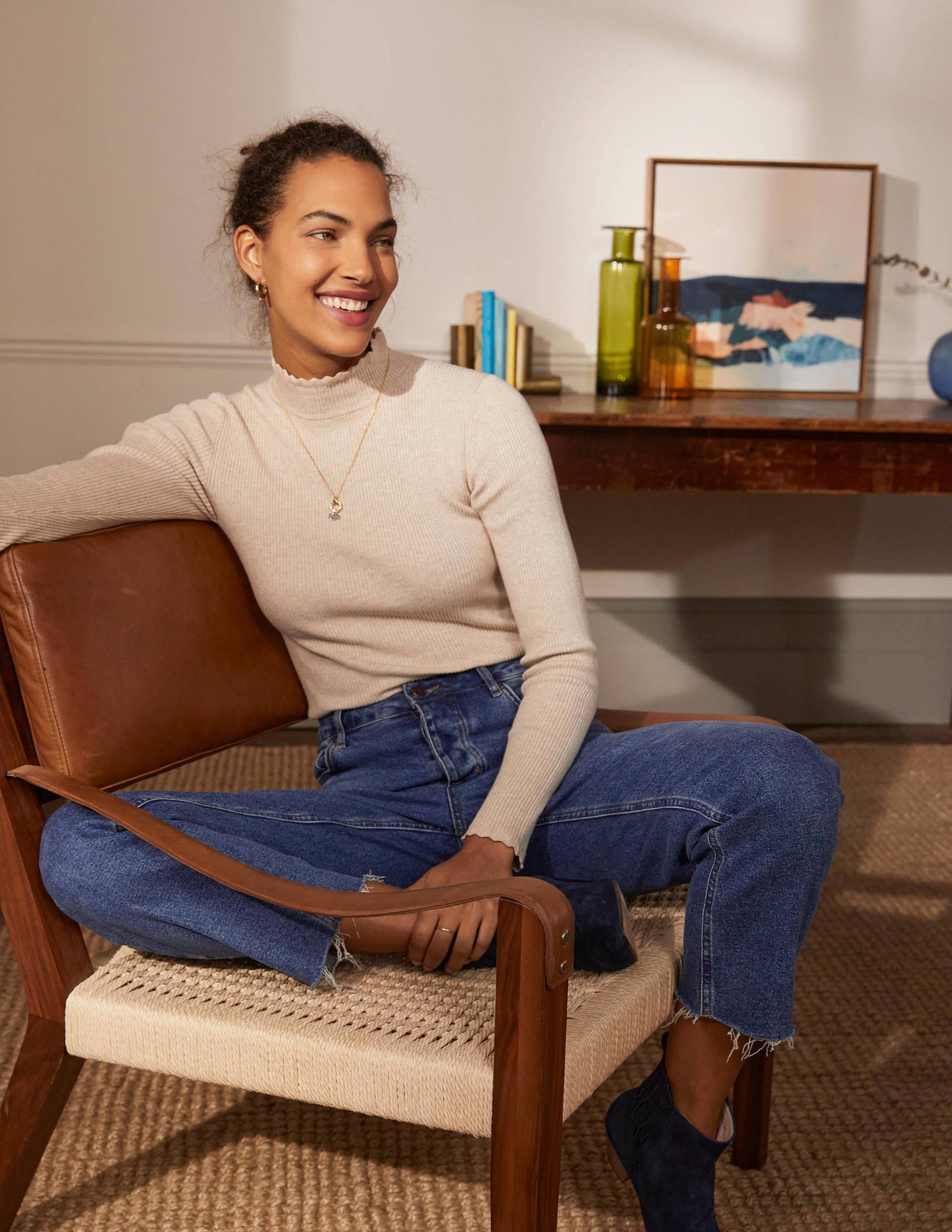 Scallop High Neck Sweater-Oatmeal Melange - Image 1