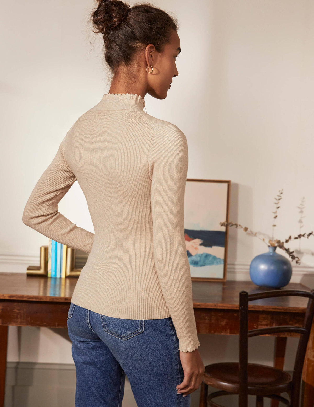 Scallop High Neck Sweater-Oatmeal Melange - Image 3