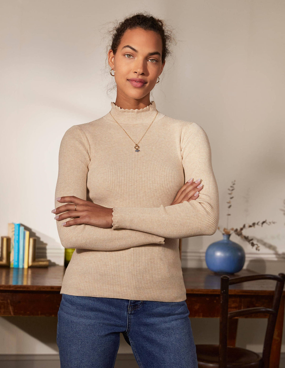 Scallop High Neck Sweater-Oatmeal Melange - Image 4