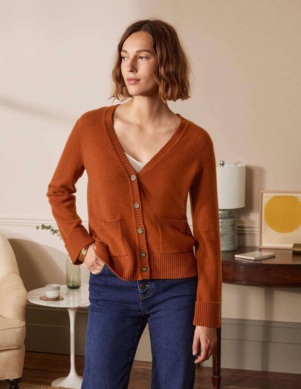 Cashmere Cuff Detail Cardigan-Carnelian Red - Image 1