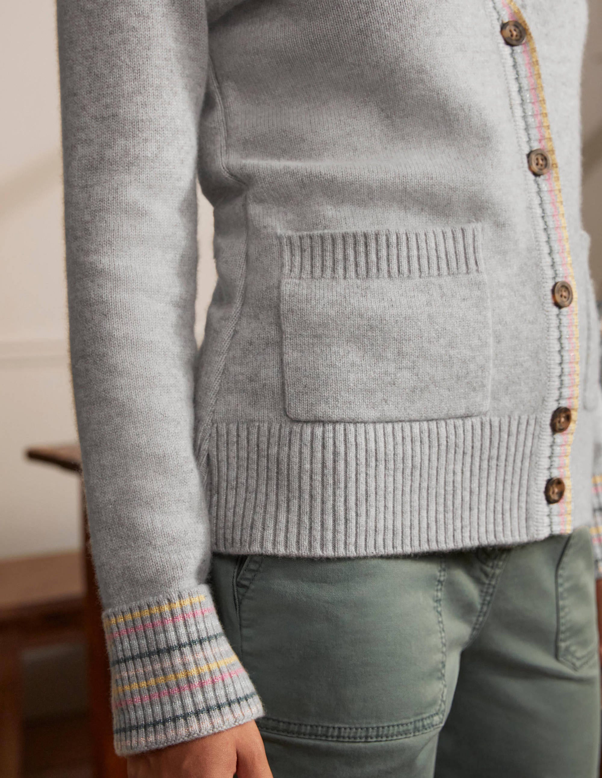 Cashmere Cuff Detail Cardigan-Grey Melange - Image 2