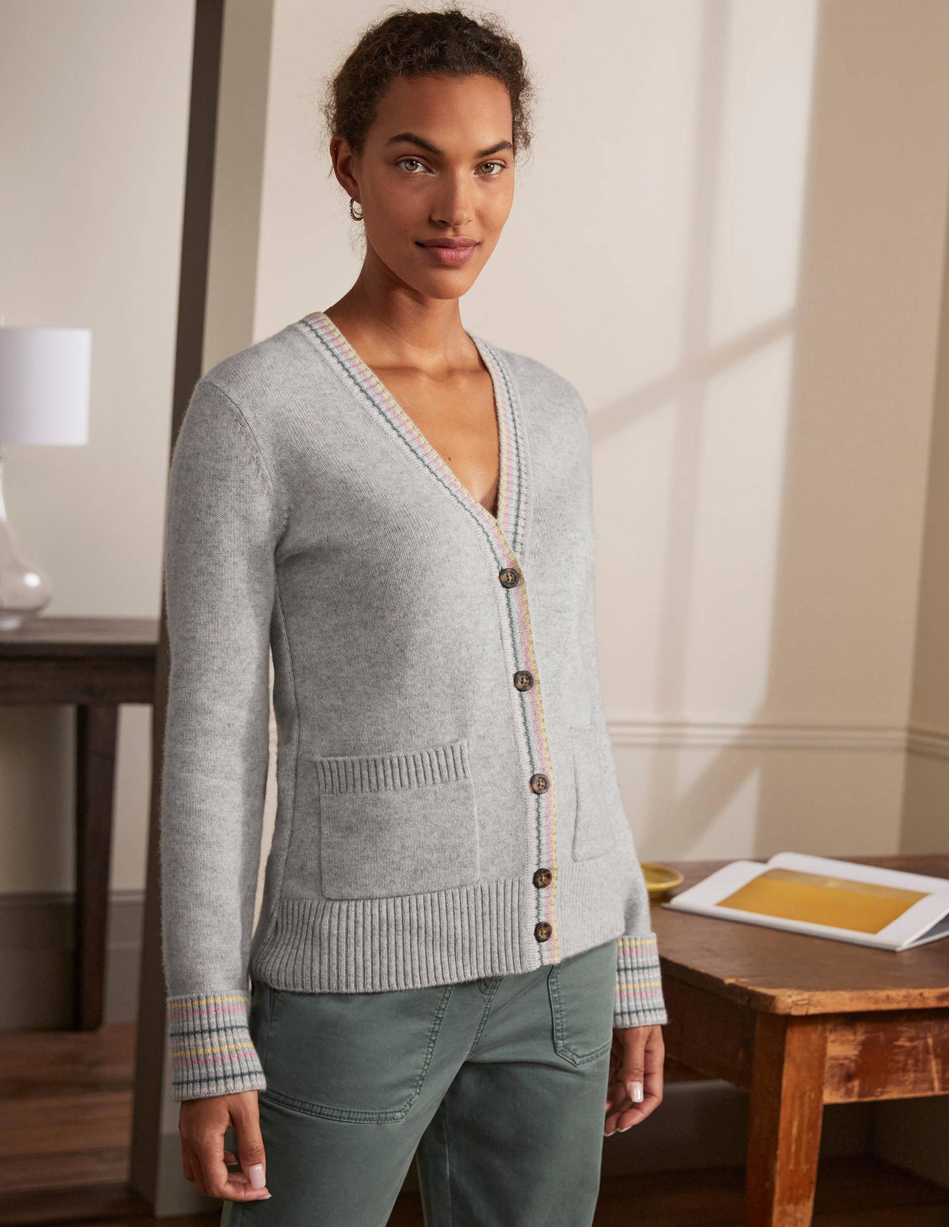 Cashmere Cuff Detail Cardigan-Grey Melange-4