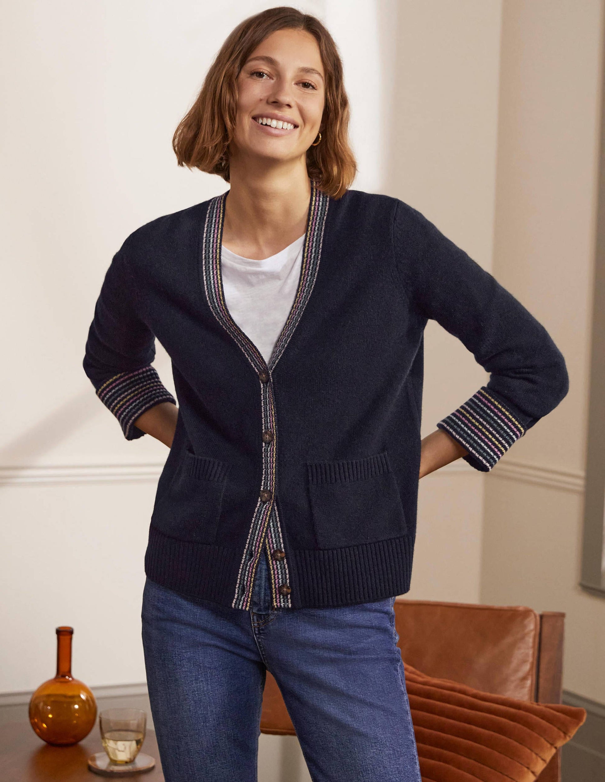 Cashmere Cuff Detail Cardigan-Navy-4