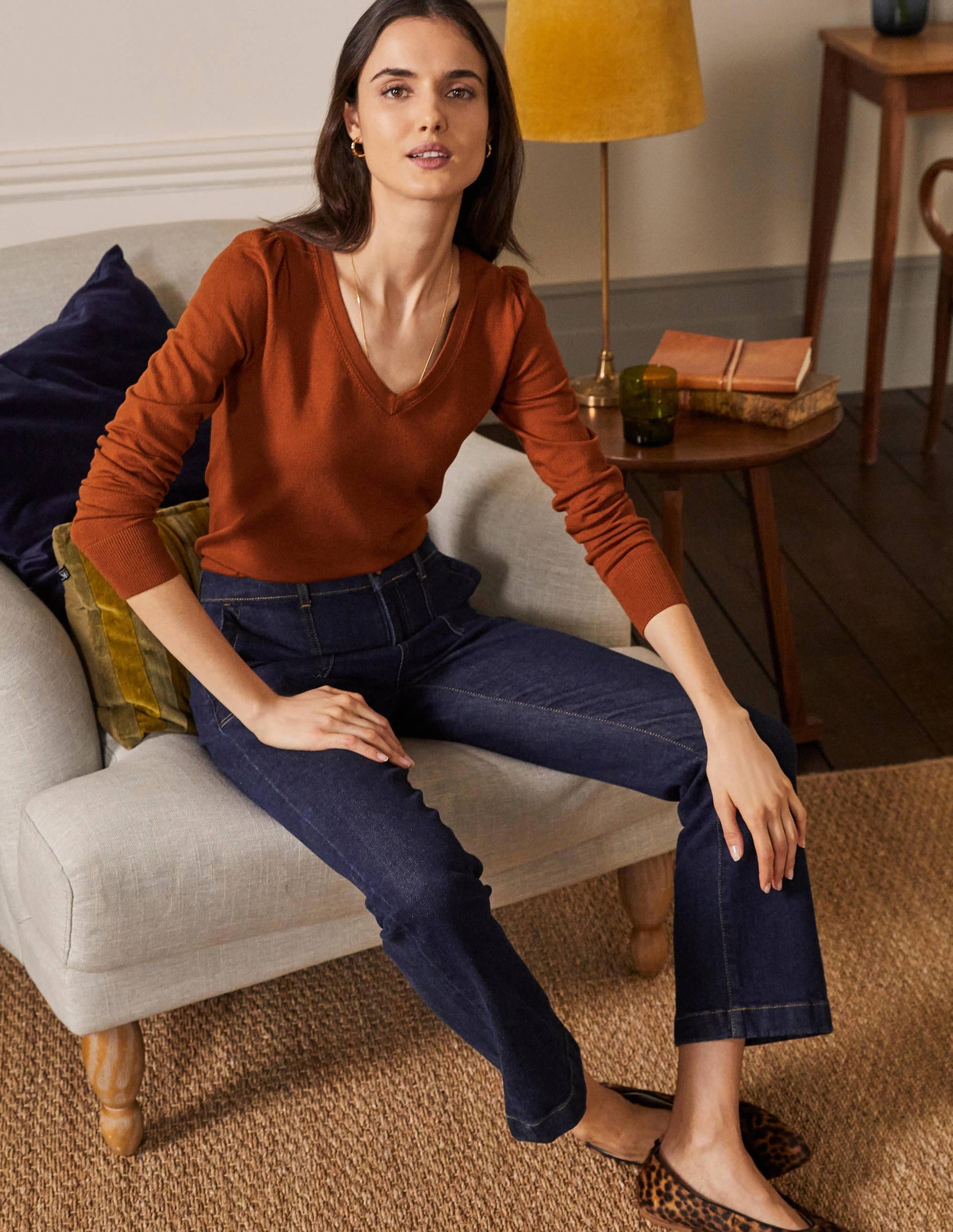 Cotton V-Neck Sweater-Rust-1