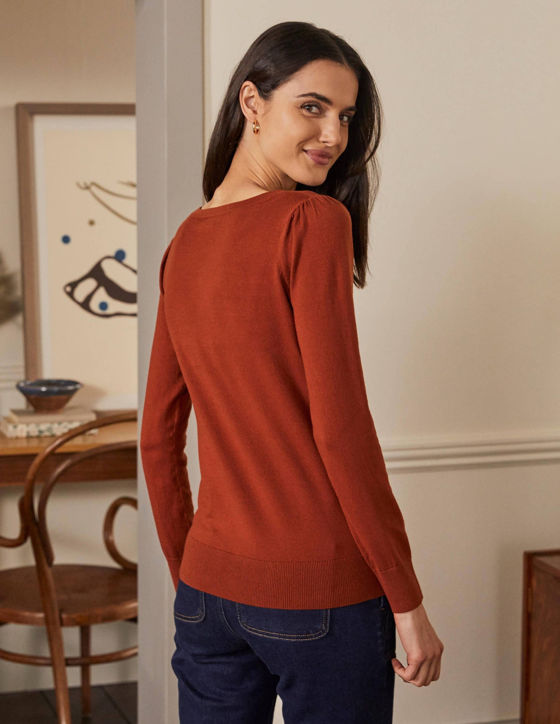 Cotton V-Neck Sweater-Rust-3