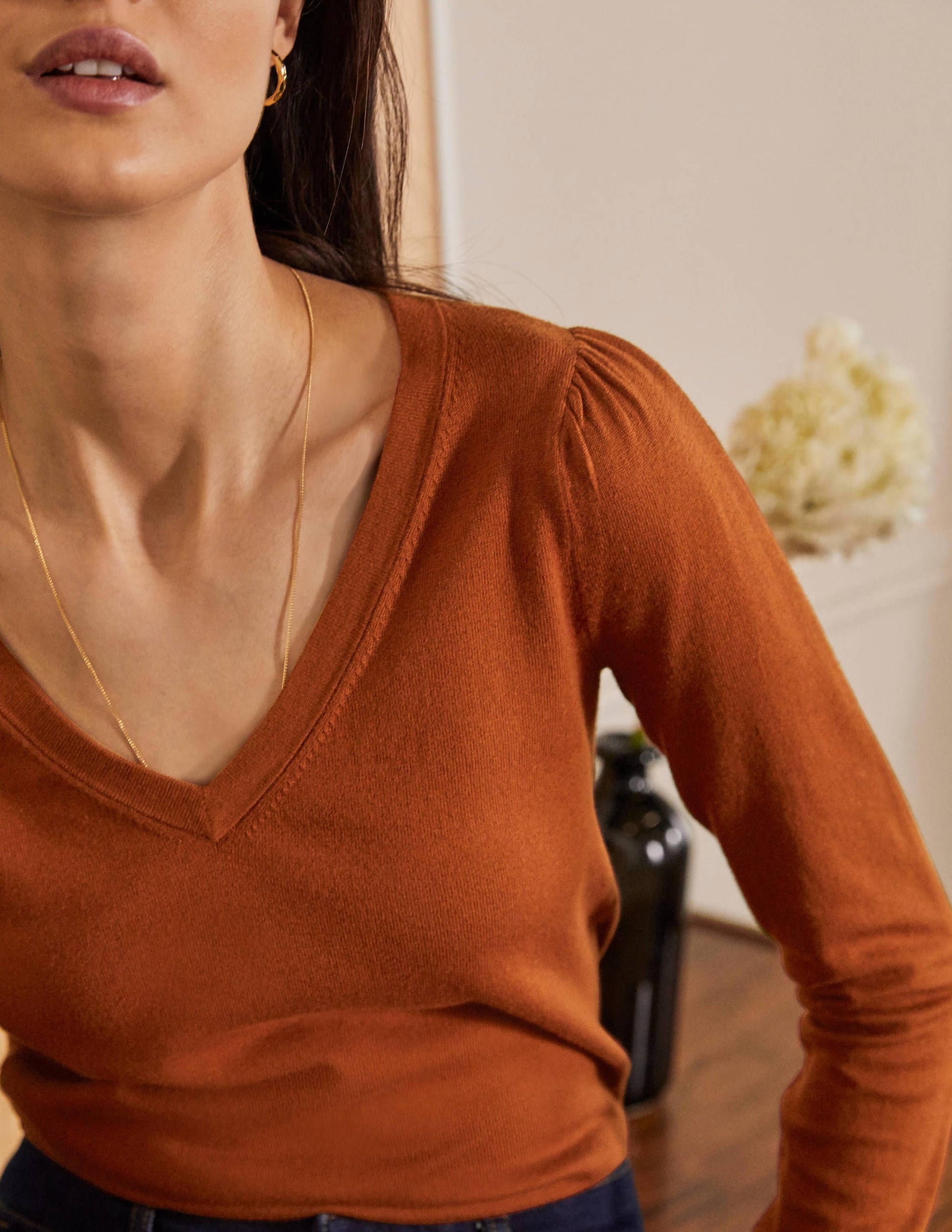 Cotton V-Neck Sweater-Rust-4