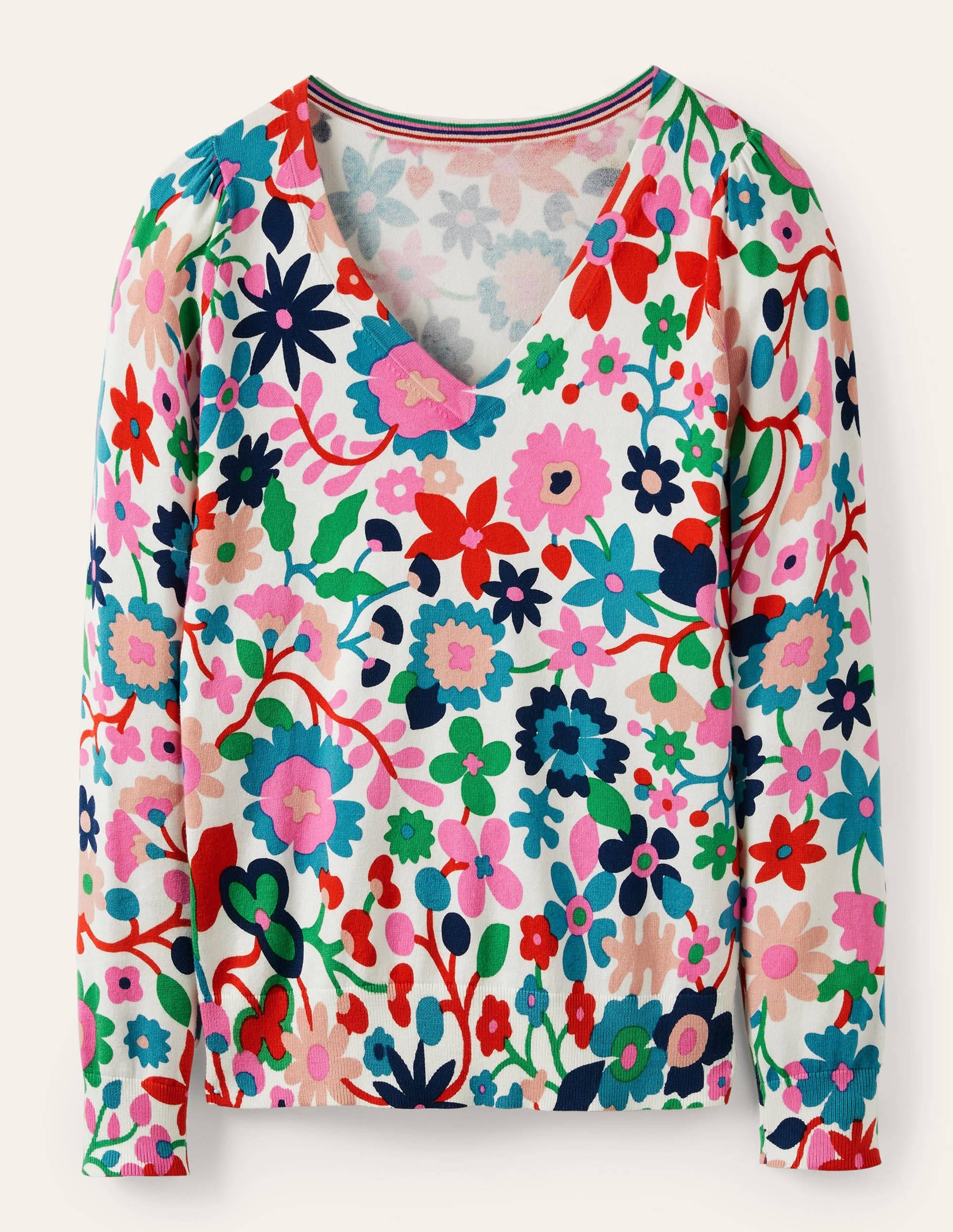Cotton V-Neck Sweater-Ivory, Prairie Floral - Image 5