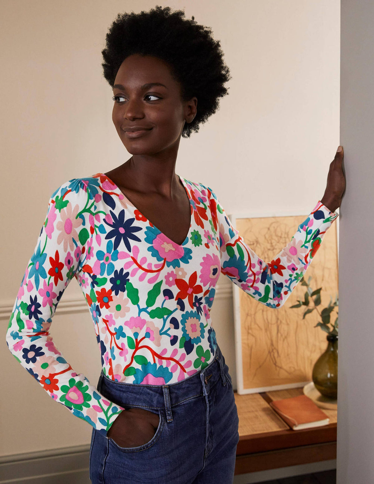 Cotton V-Neck Sweater-Ivory, Prairie Floral - Image 1