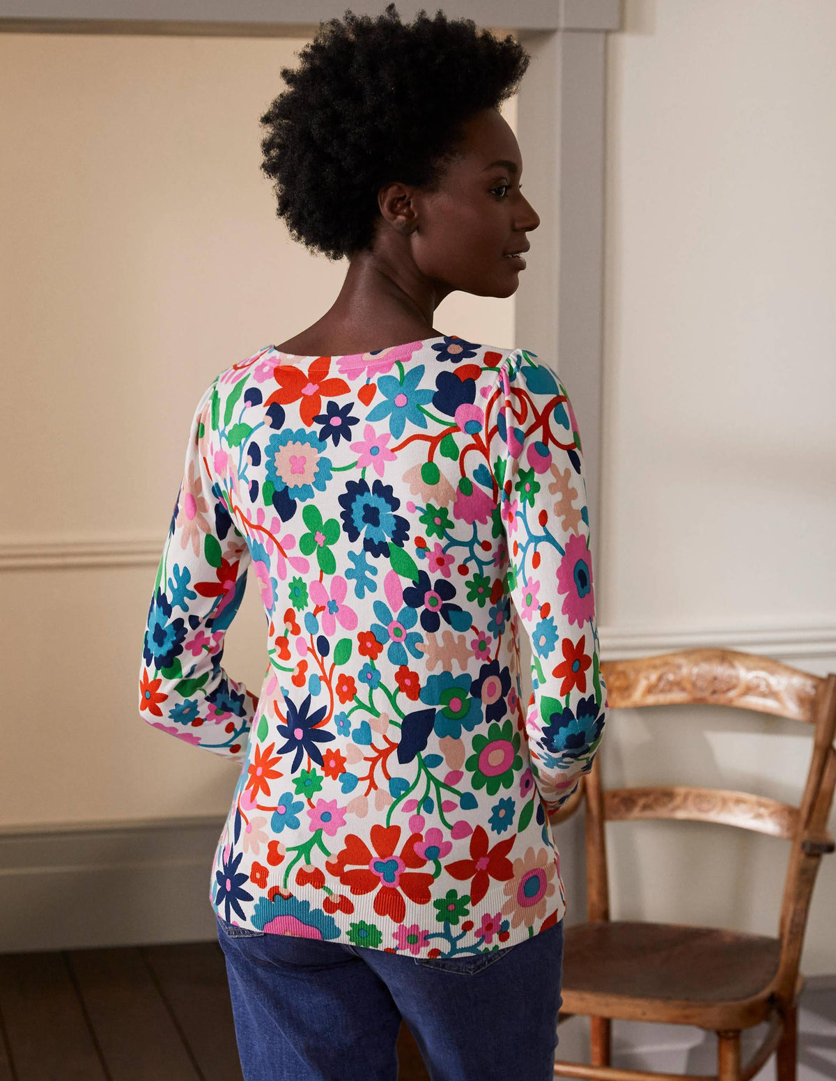 Cotton V-Neck Sweater-Ivory, Prairie Floral - Image 3