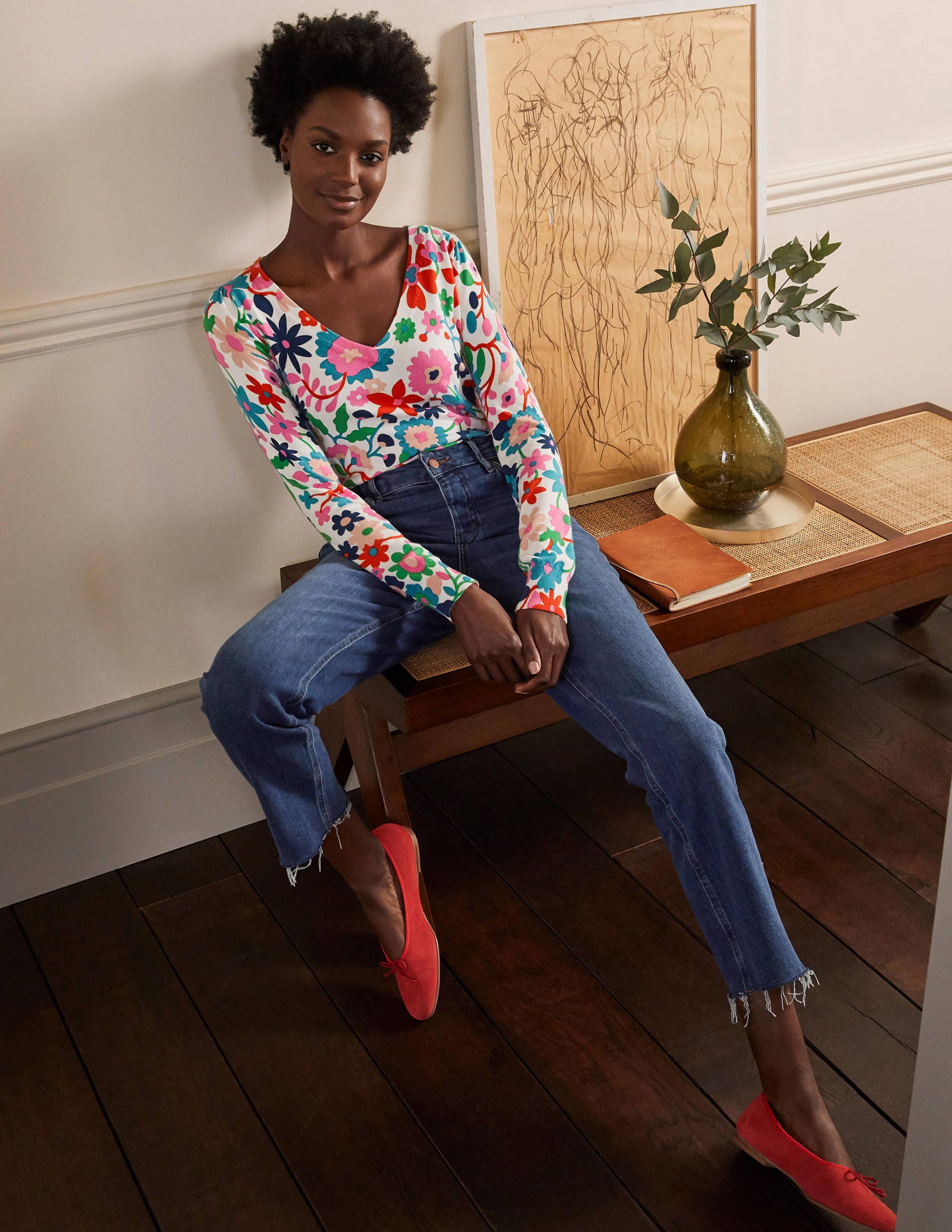 Cotton V-Neck Sweater-Ivory, Prairie Floral - Image 4