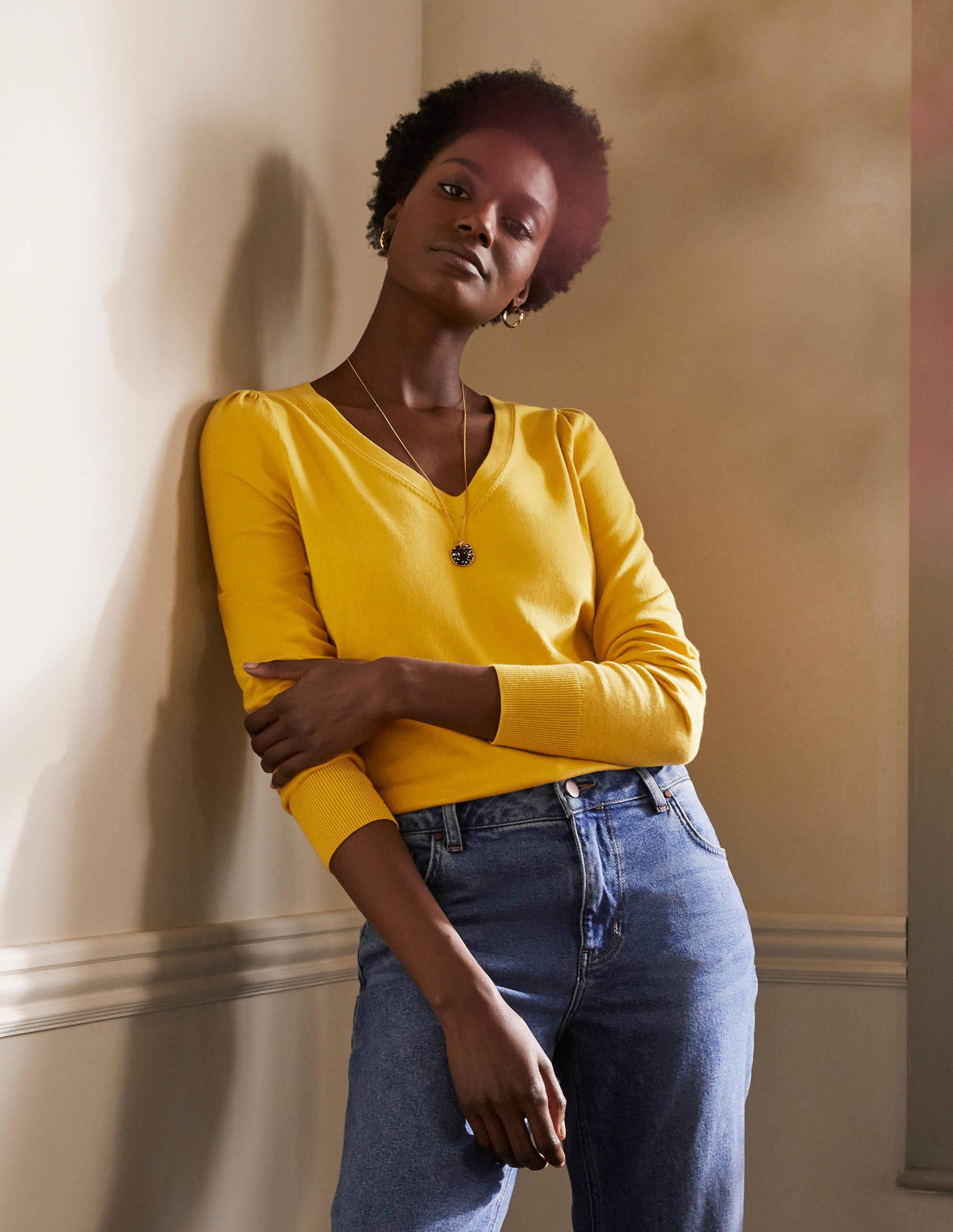 Cotton V-Neck Sweater-Honey Gold - Image 1