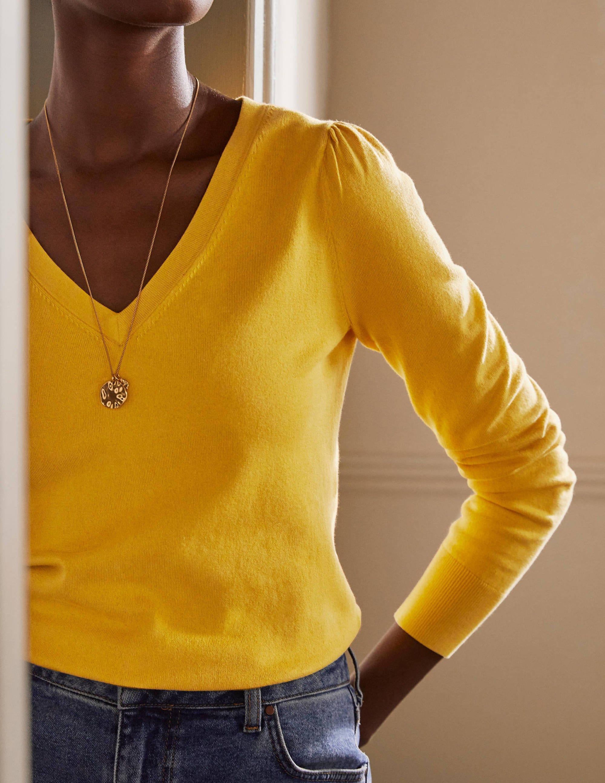 Cotton V-Neck Sweater-Honey Gold - Image 2