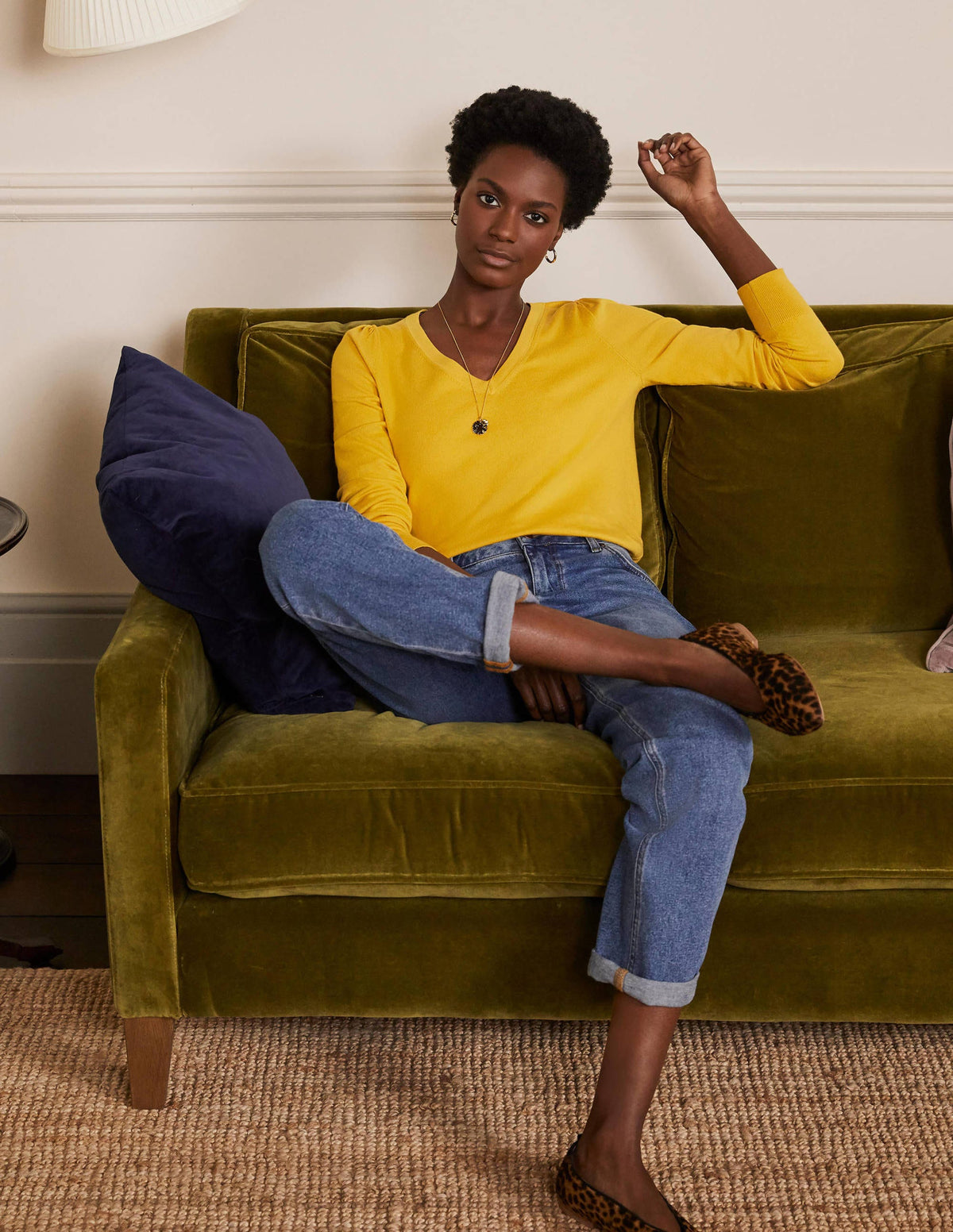 Cotton V-Neck Sweater-Honey Gold - Image 4