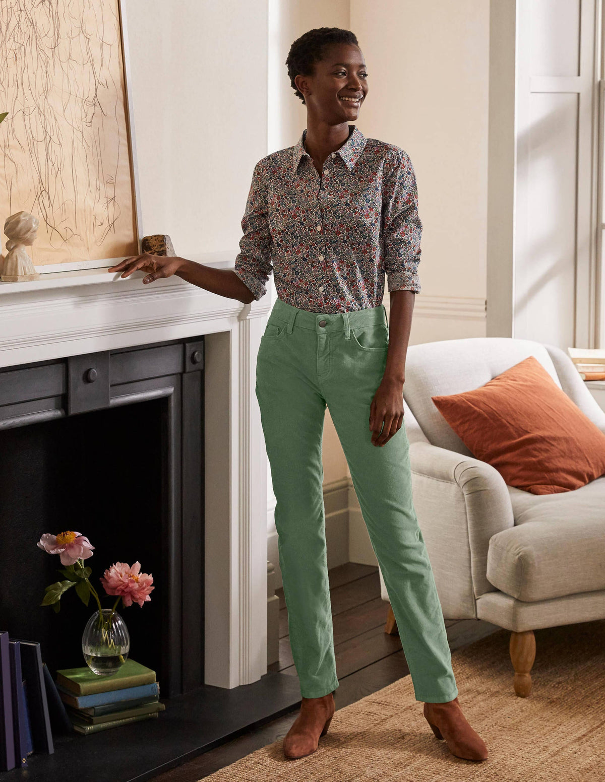 Cord Girlfriend Jeans-Light Olive - Image 1