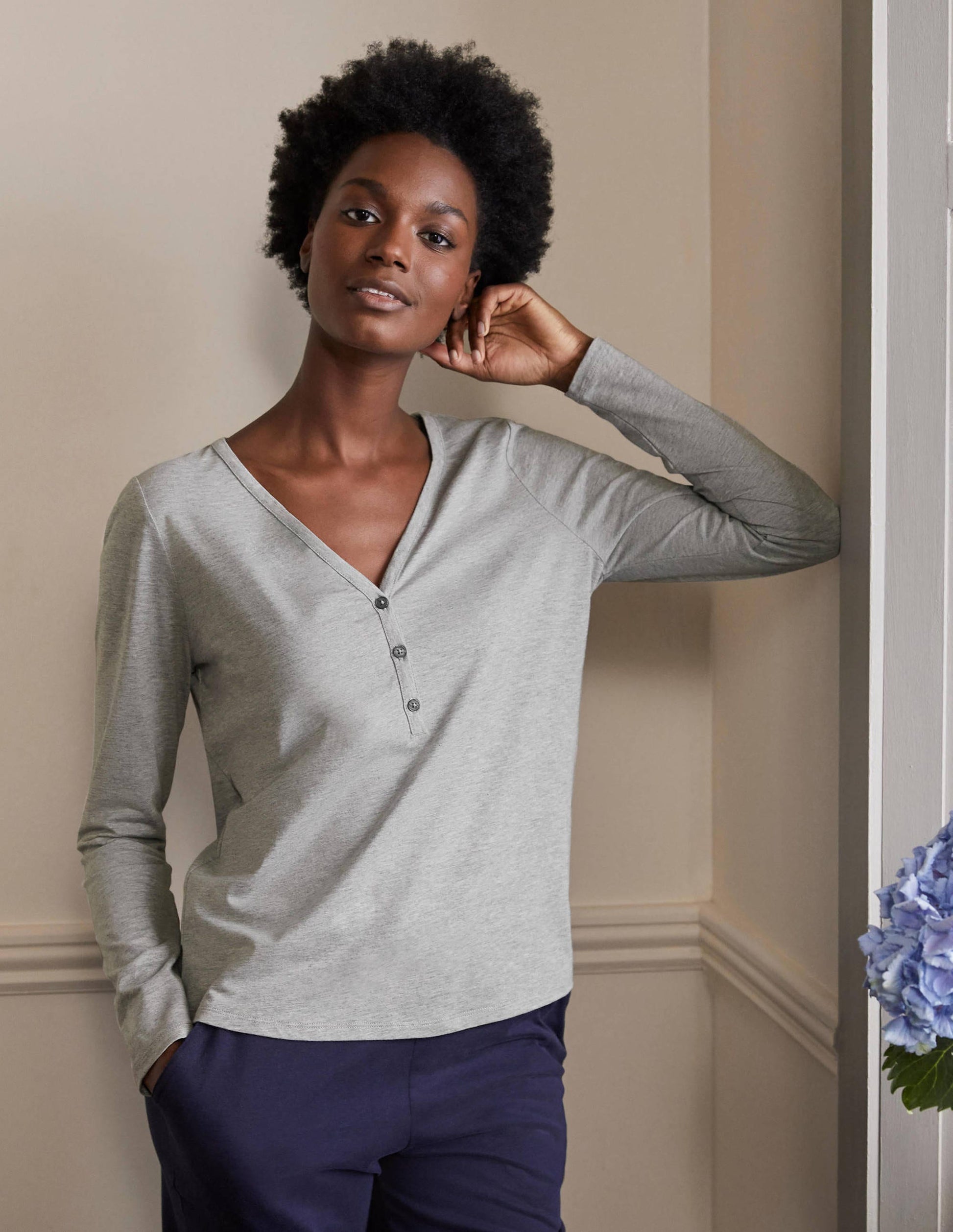 Emma Long Sleeve Pajama Top-Grey Marl-1