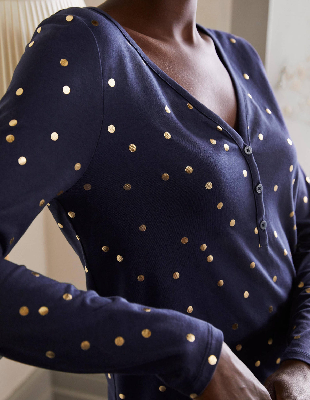 Emma Long Sleeve Pajama Top-Navy, Scattered Spot - Image 1
