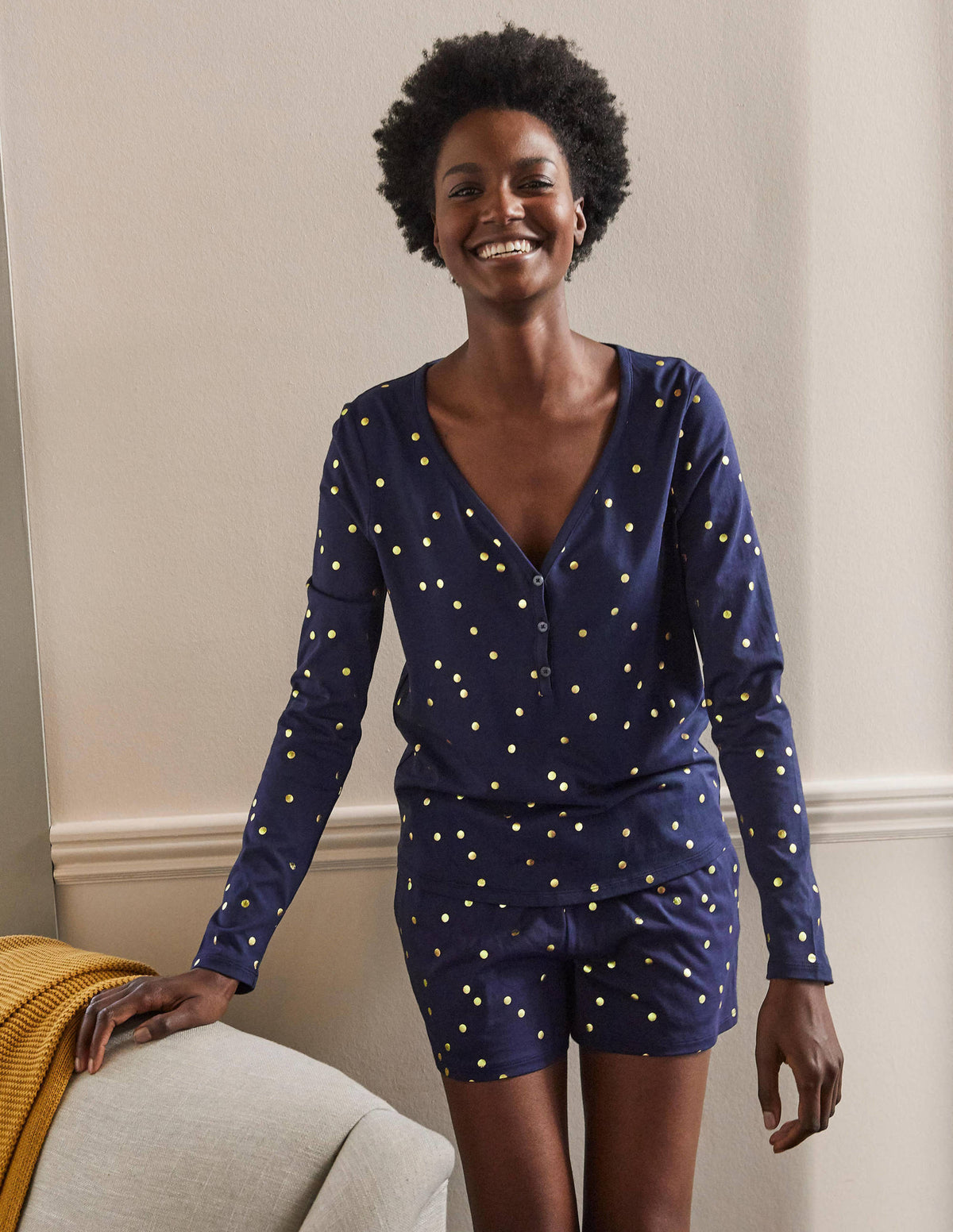 Emma Long Sleeve Pajama Top-Navy, Scattered Spot-3