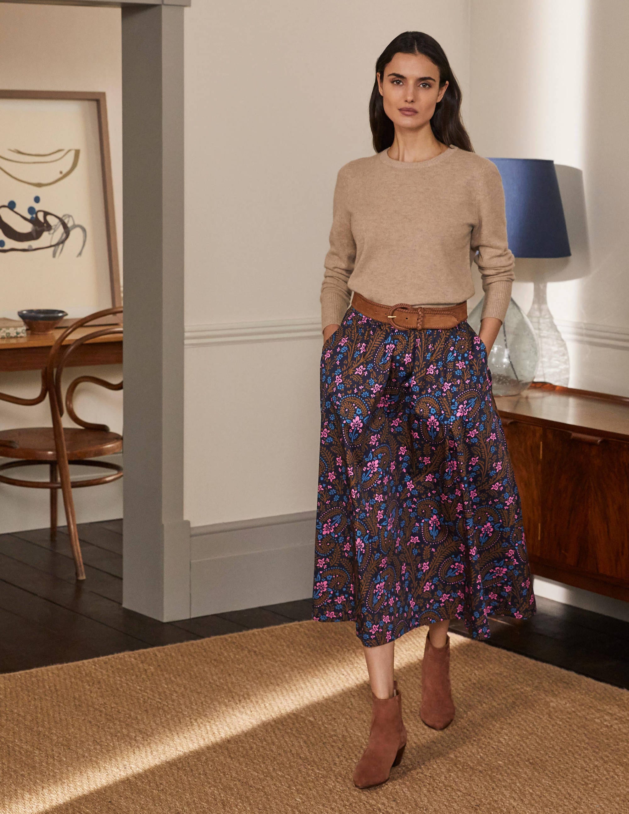 Cotton Sateen Skirt-French Navy, Floral Paisley - Image 4