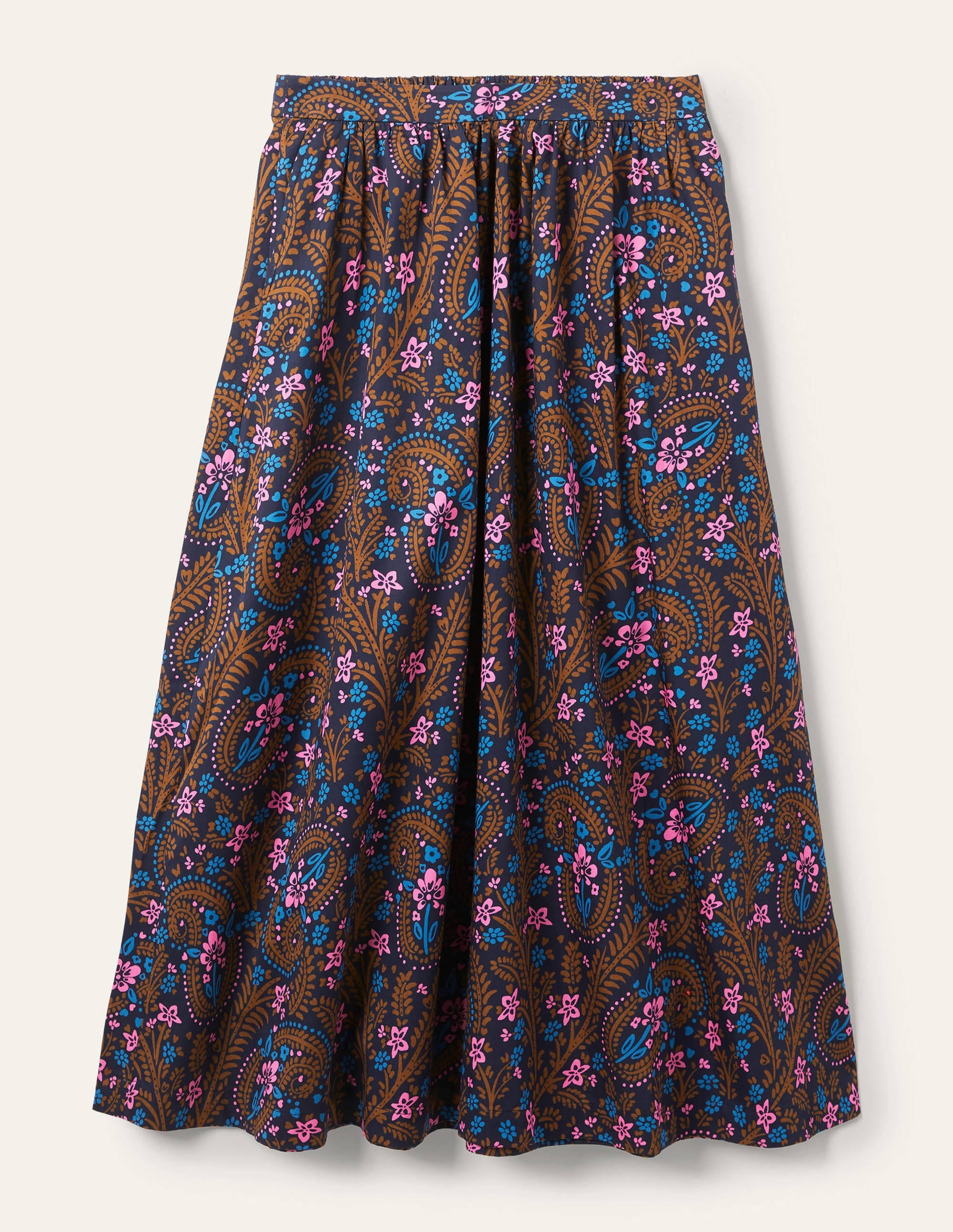 Cotton Sateen Skirt-French Navy, Floral Paisley - Image 5