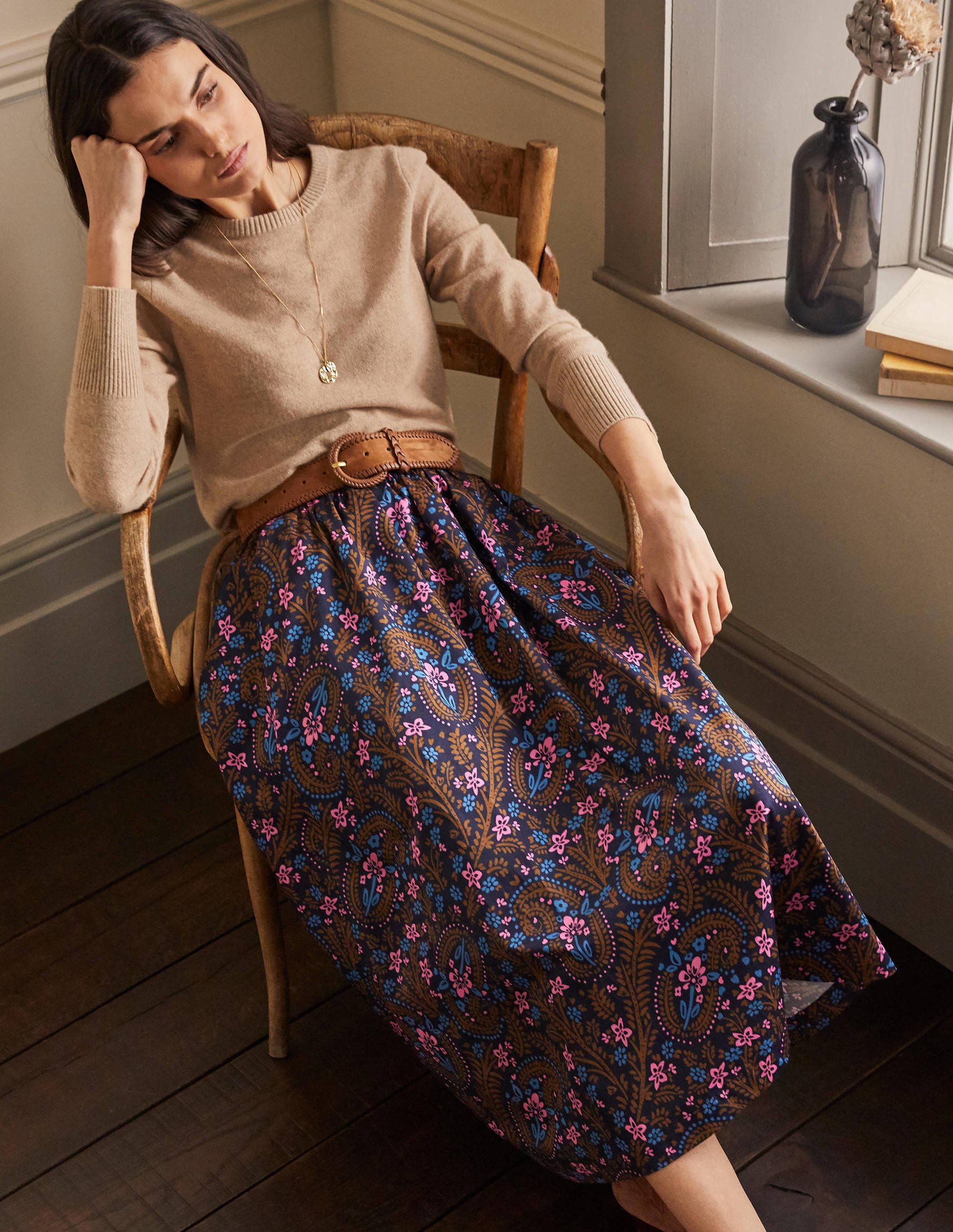 Cotton Sateen Skirt-French Navy, Floral Paisley - Image 3