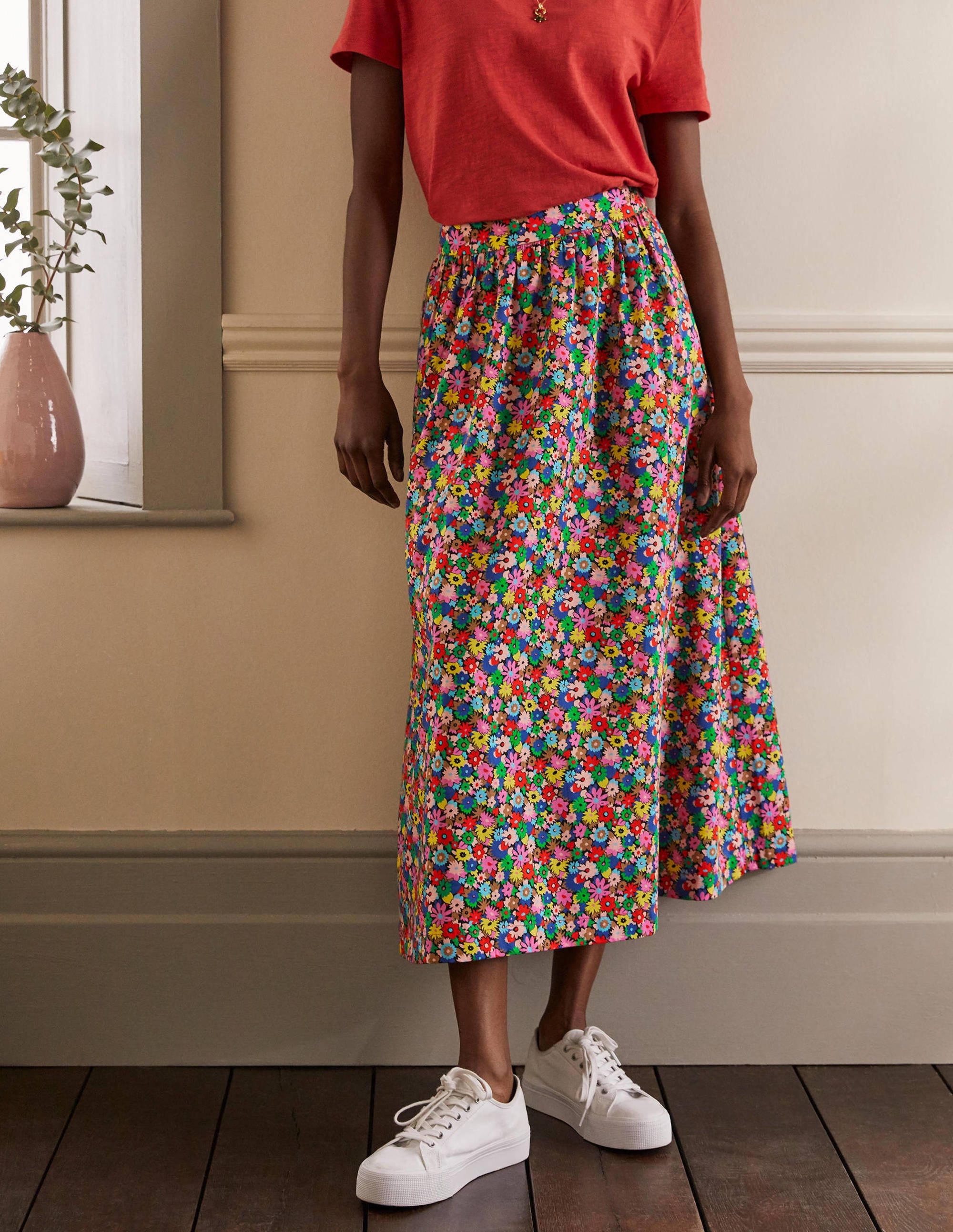 Cotton Sateen Skirt-Cherry Red, Paintbox Ditsy - Image 3