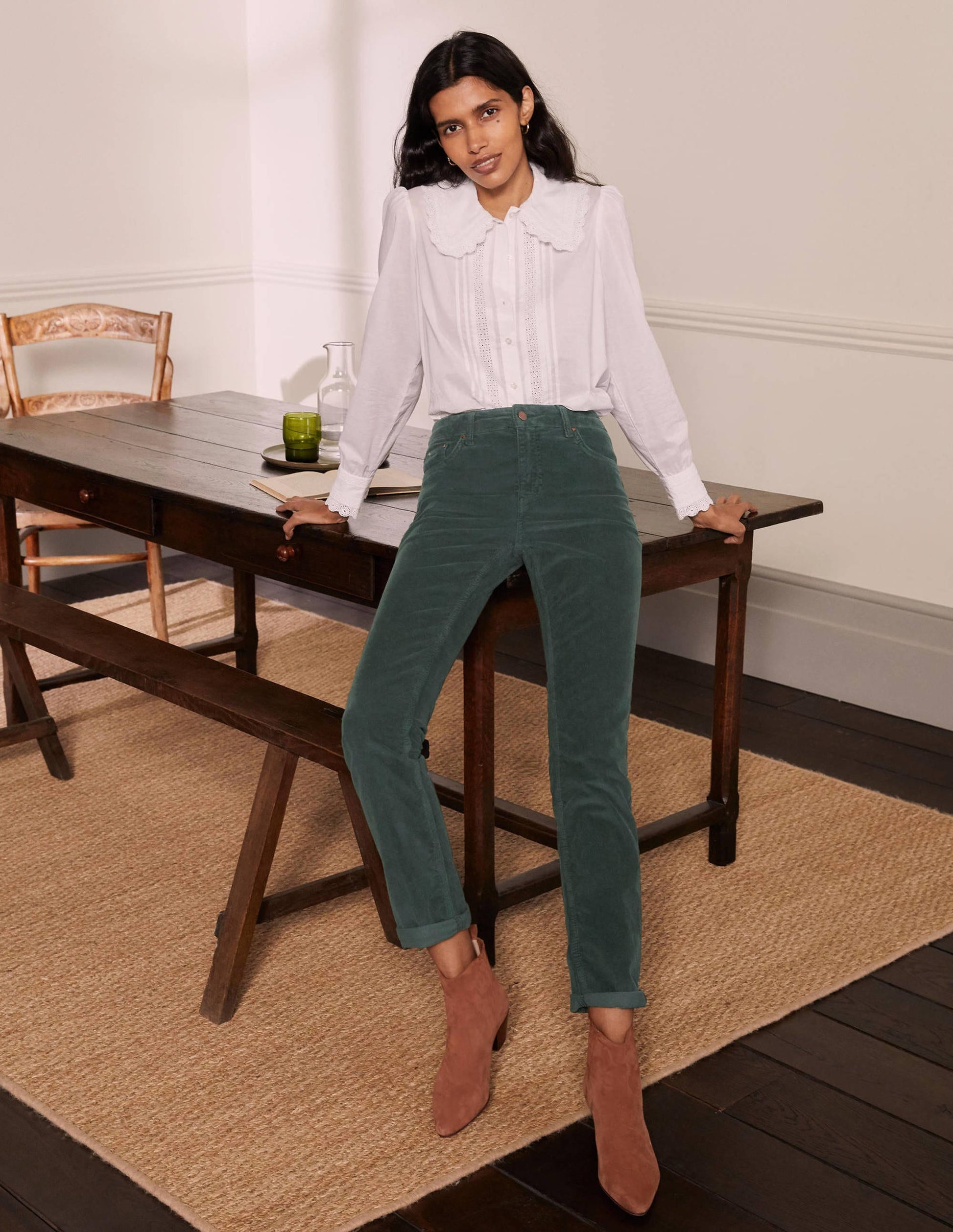 Corduroy Slim Straight Jeans-Wellington Green-4