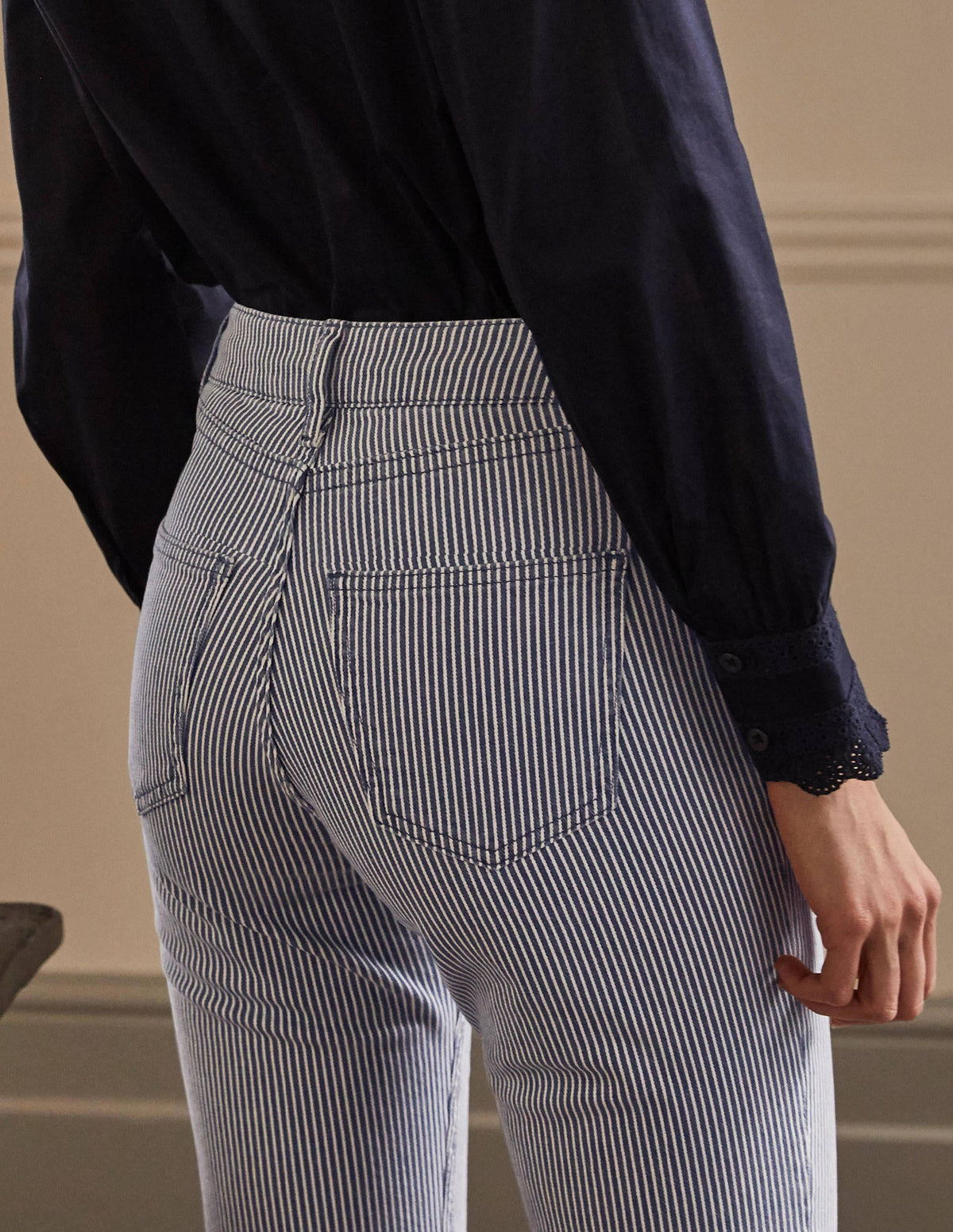 Slim Straight Ankle Skimmers-Ivory and Navy Ticking Stripe - Image 2