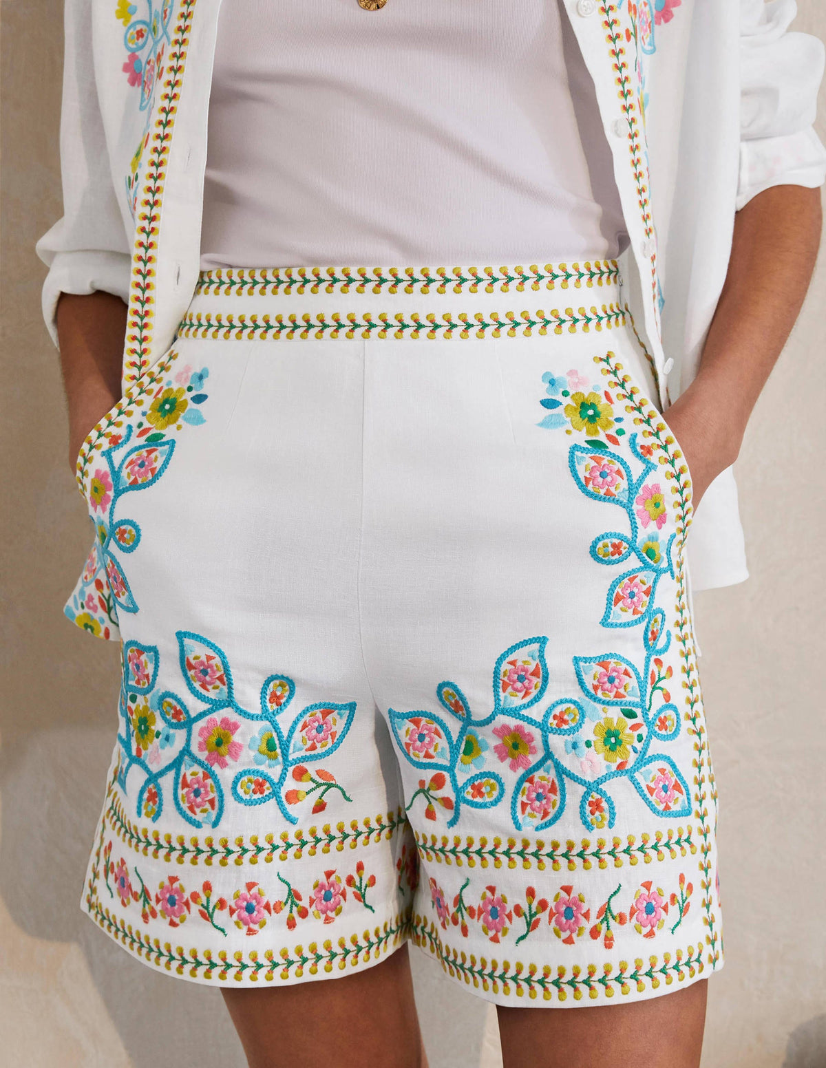 Georgina Linen Shorts-White, Embroidery - Image 4