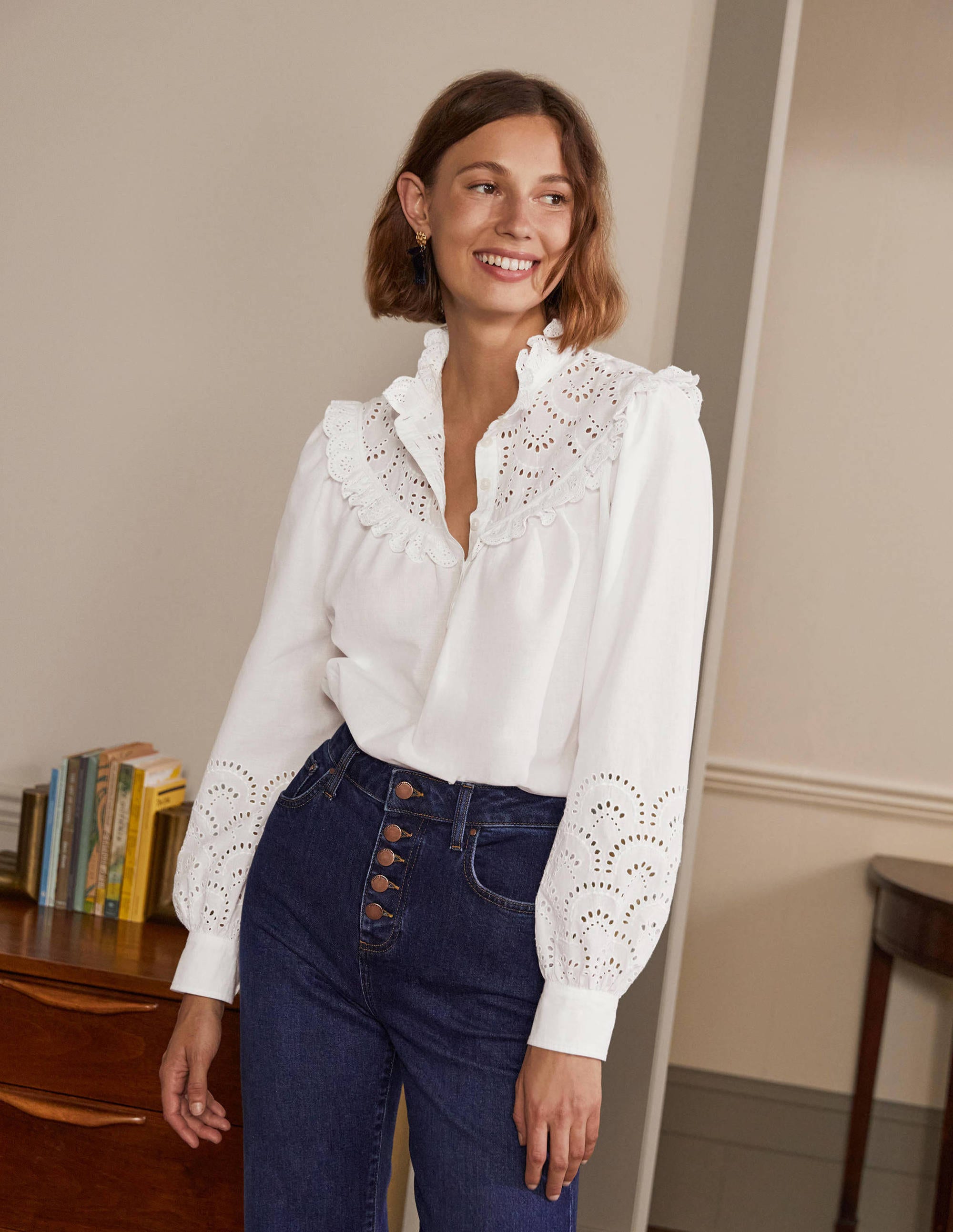 Broderie Frill Cotton Shirt-White - Image 3