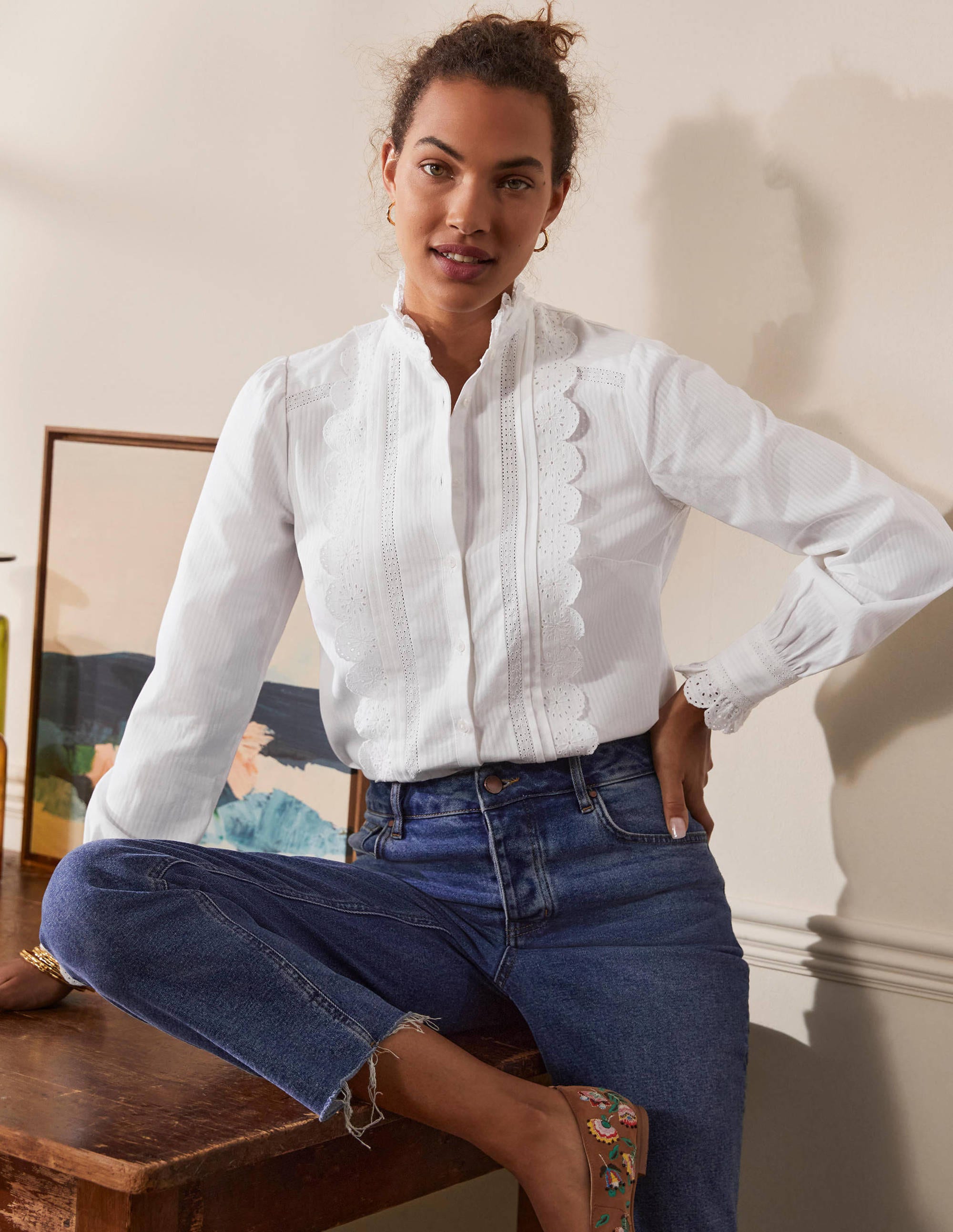 Broderie Ruffle Cotton Shirt-White - Image 5