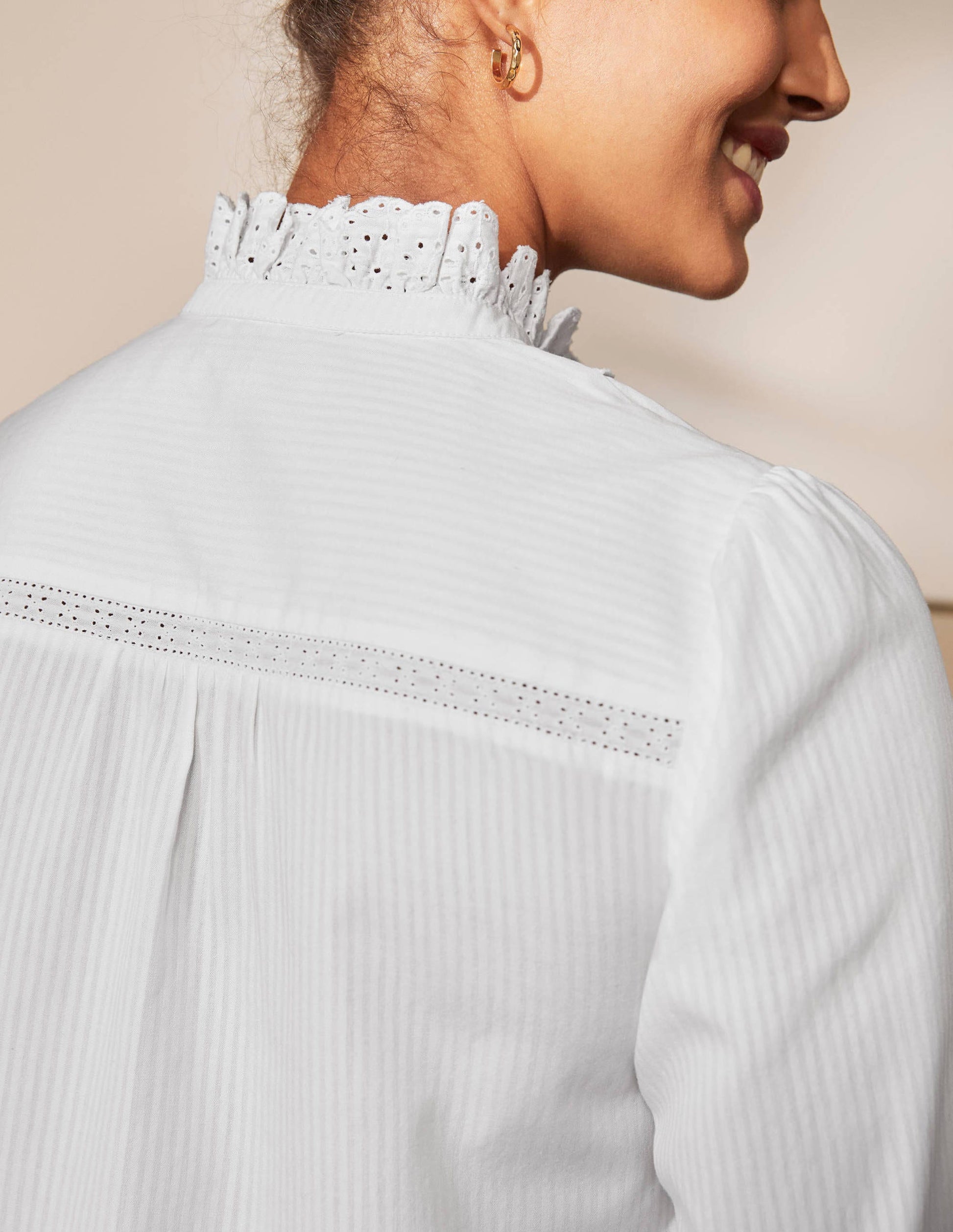 Broderie Ruffle Cotton Shirt-White-1