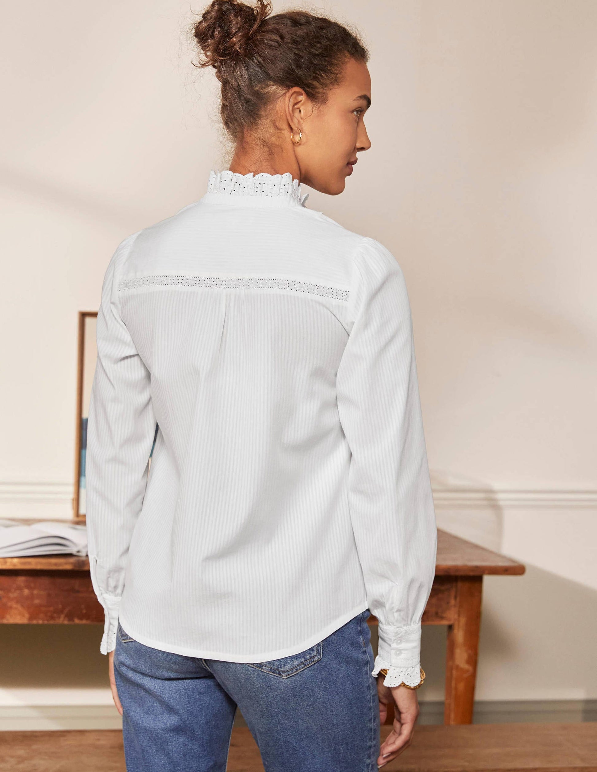 Broderie Ruffle Cotton Shirt-White-2
