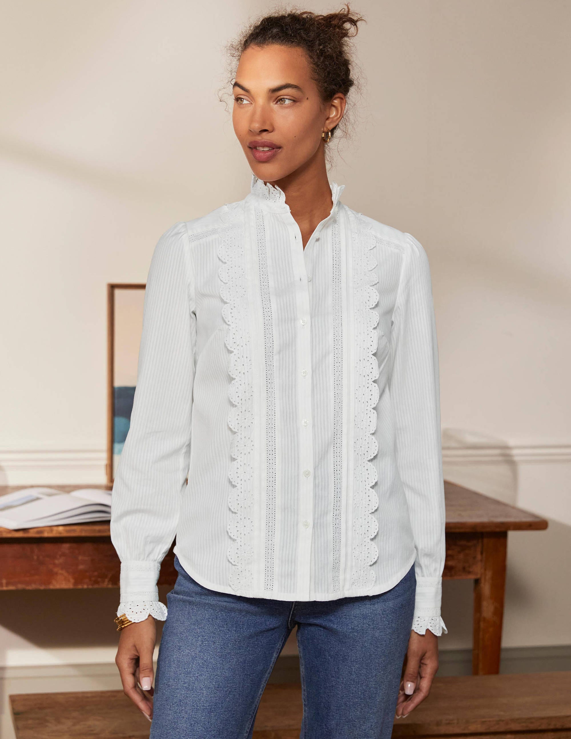 Broderie Ruffle Cotton Shirt-White - Image 3