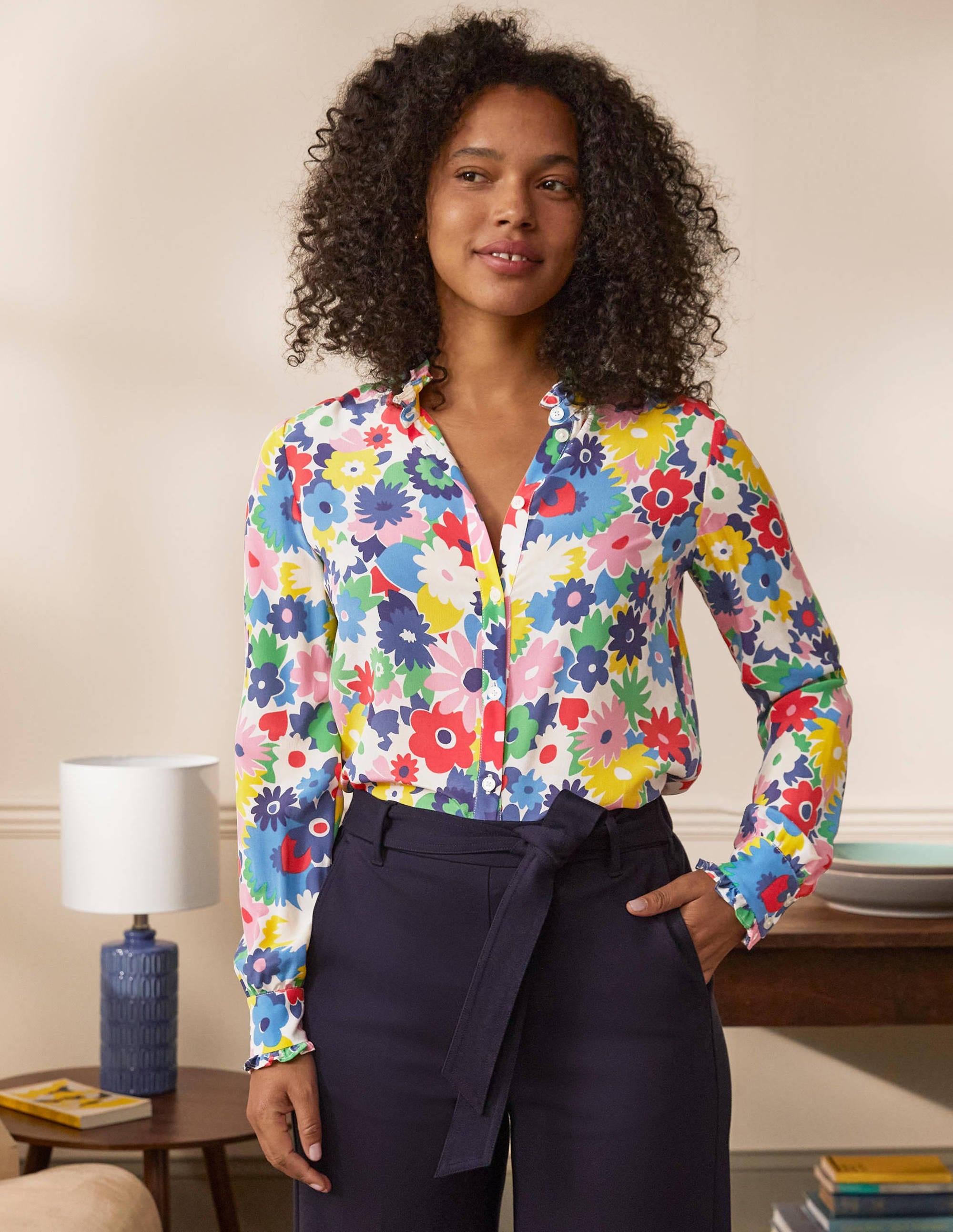 Ruffle Silk Shirt-Ivory, Paintbox Ditsy - Image 5