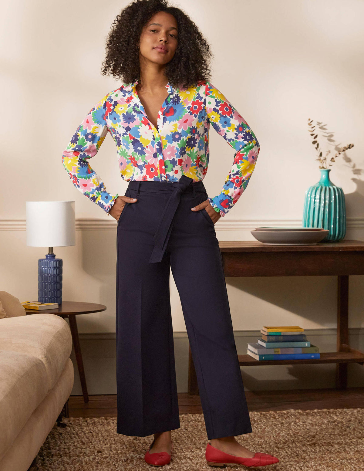 Ruffle Silk Shirt-Ivory, Paintbox Ditsy-3