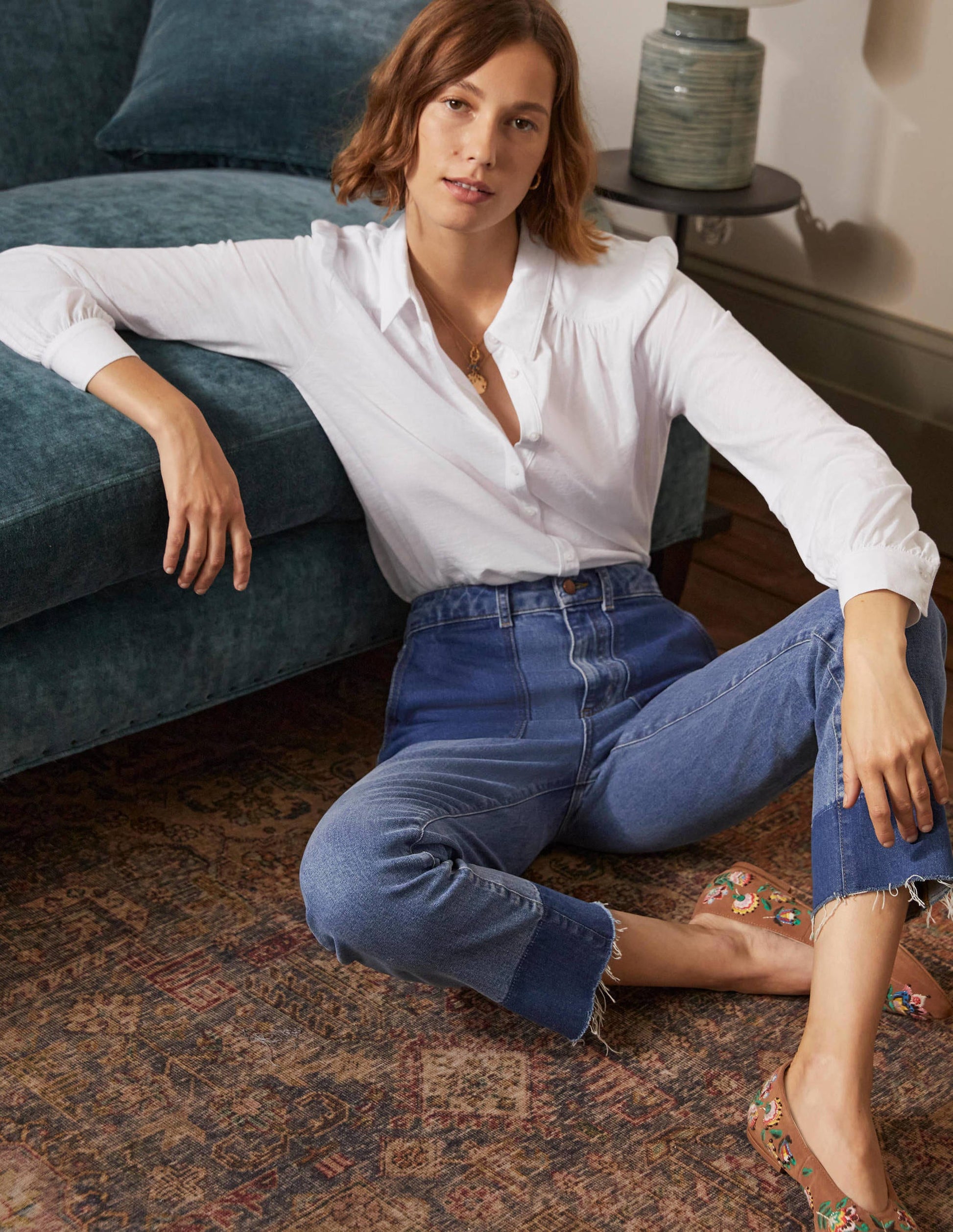 Gathered Detail Jersey Shirt-White-4