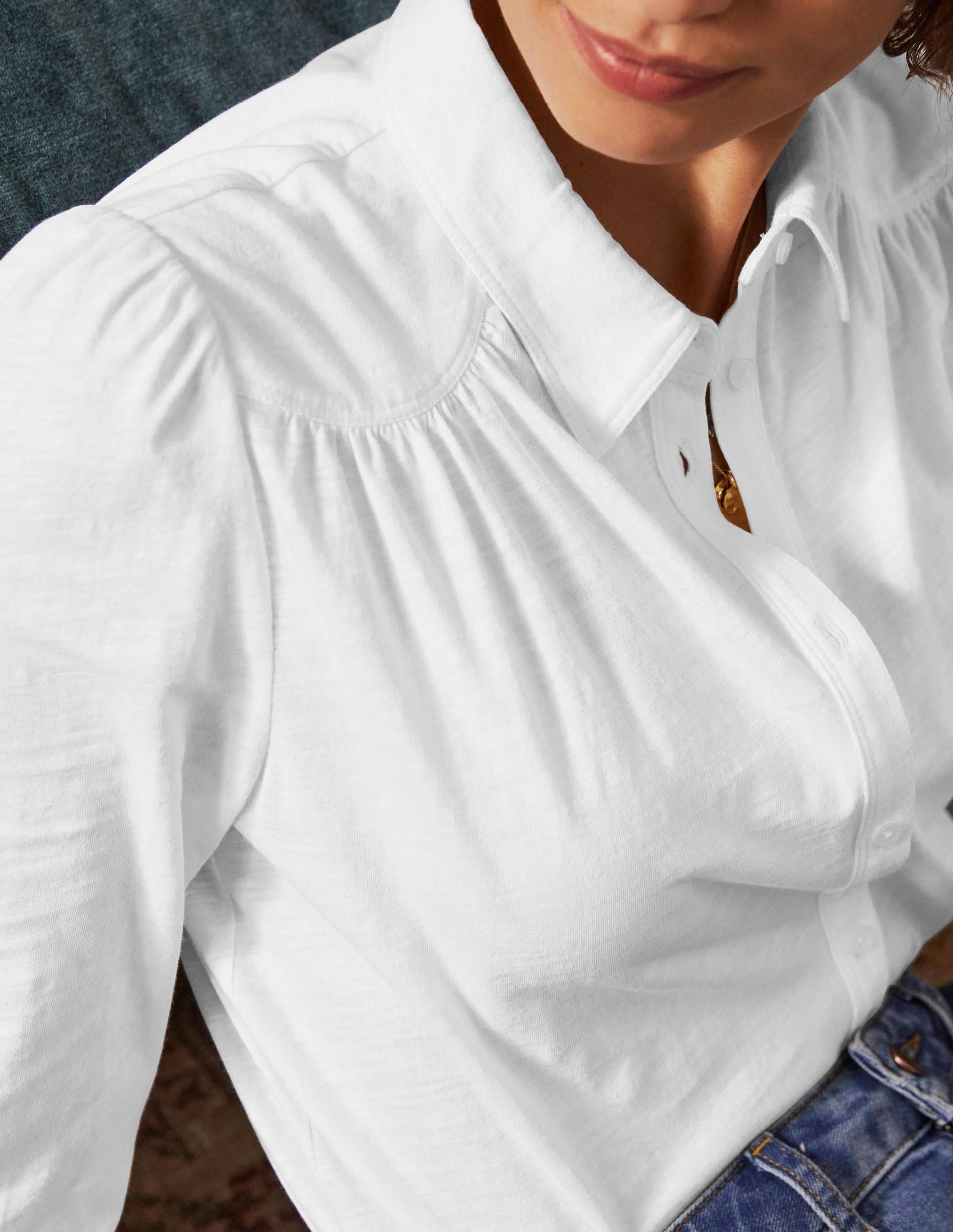 Gathered Detail Jersey Shirt-White - Image 1
