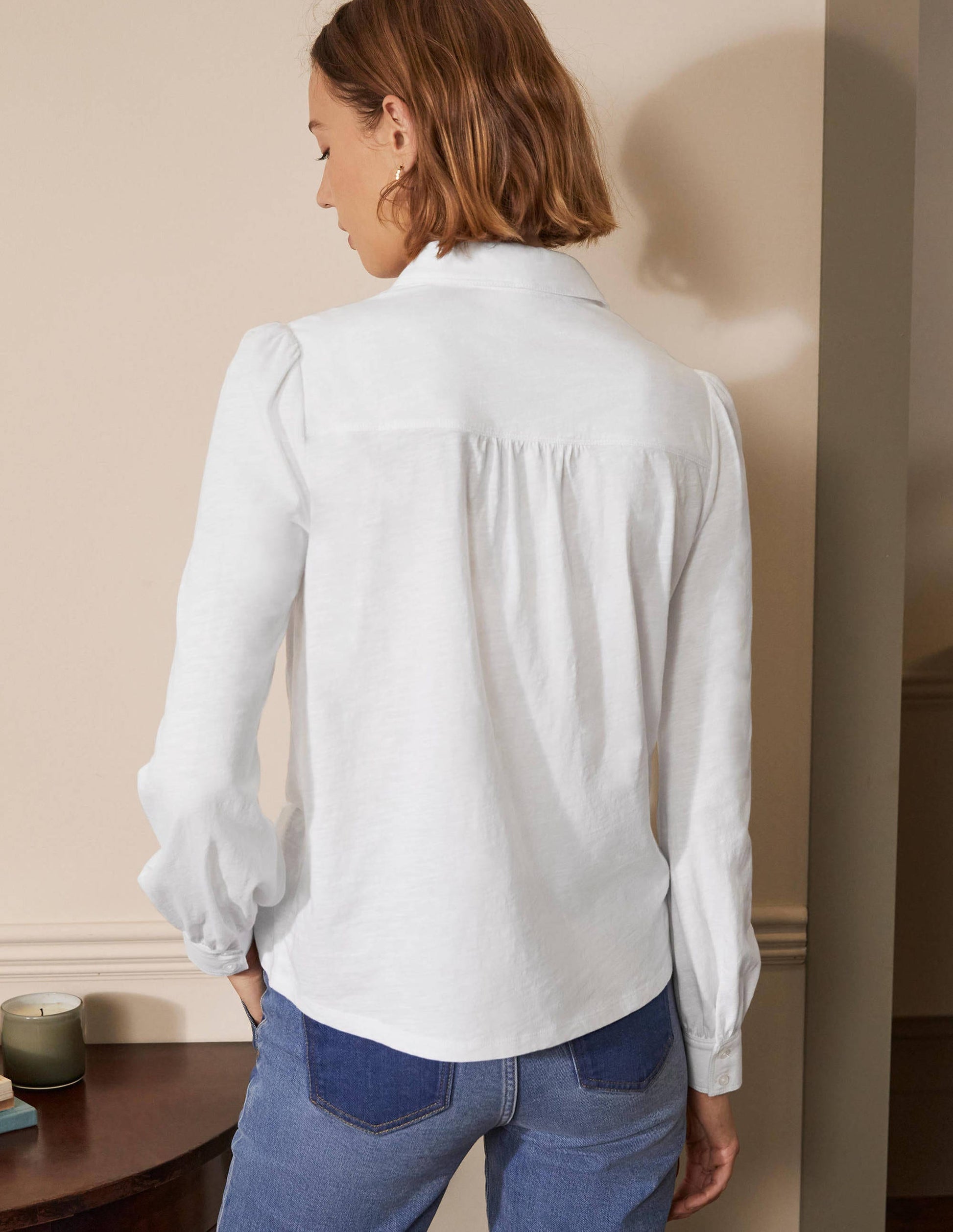 Gathered Detail Jersey Shirt-White-2